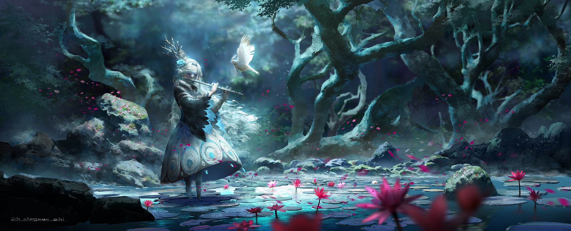Girl playing flute with bird in a forest pond HD Wallpaper
