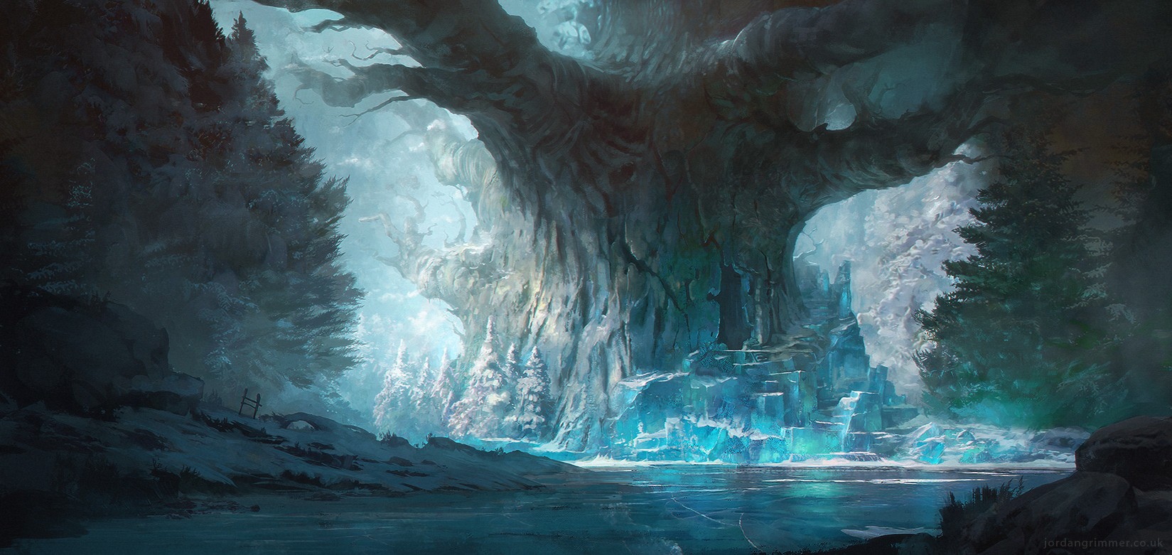 Enchanted ice forest with a giant ancient tree HD Wallpaper