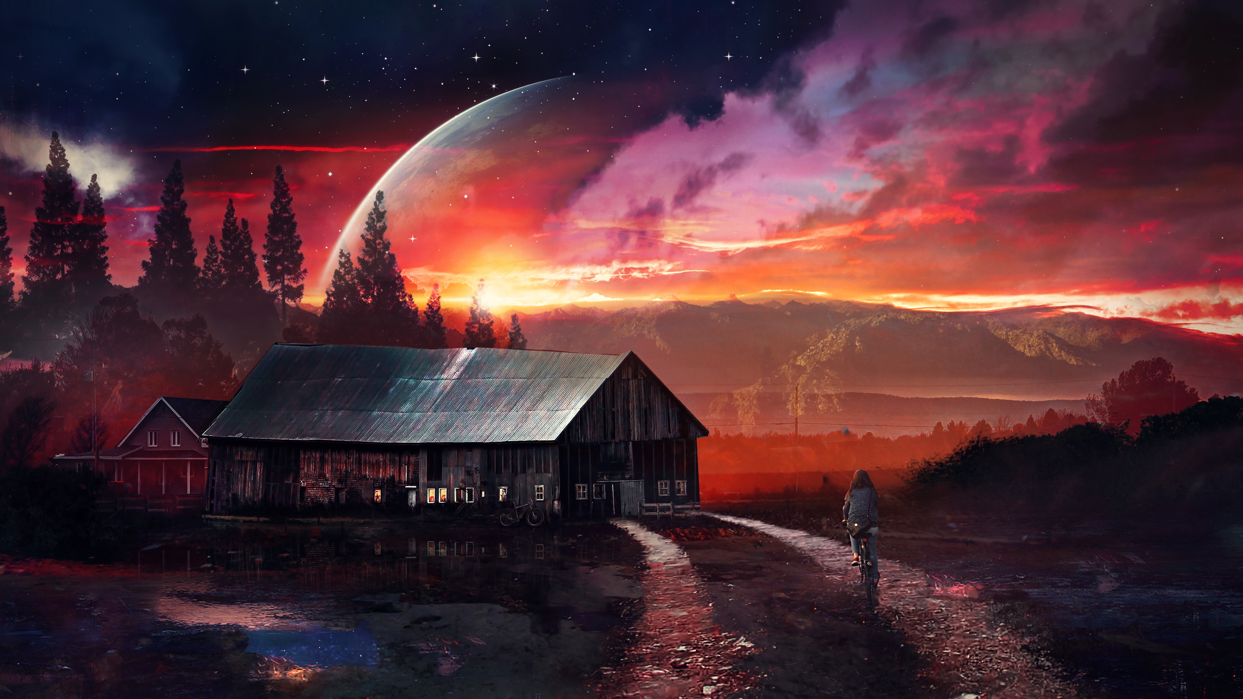 Barn and girl on bicycle under a planet and sunset HD Wallpaper