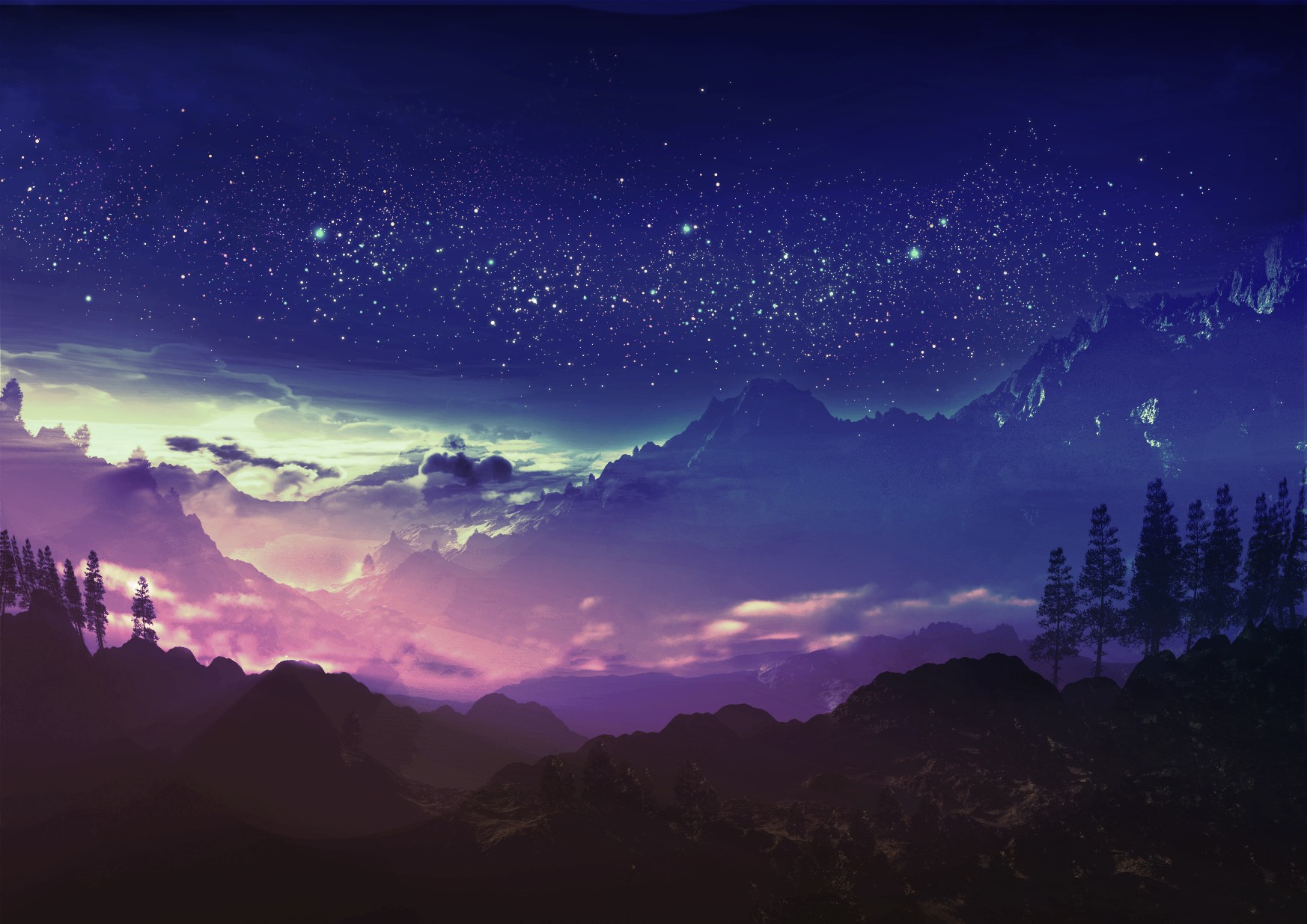 Starry night over majestic mountains and clouds HD Wallpaper