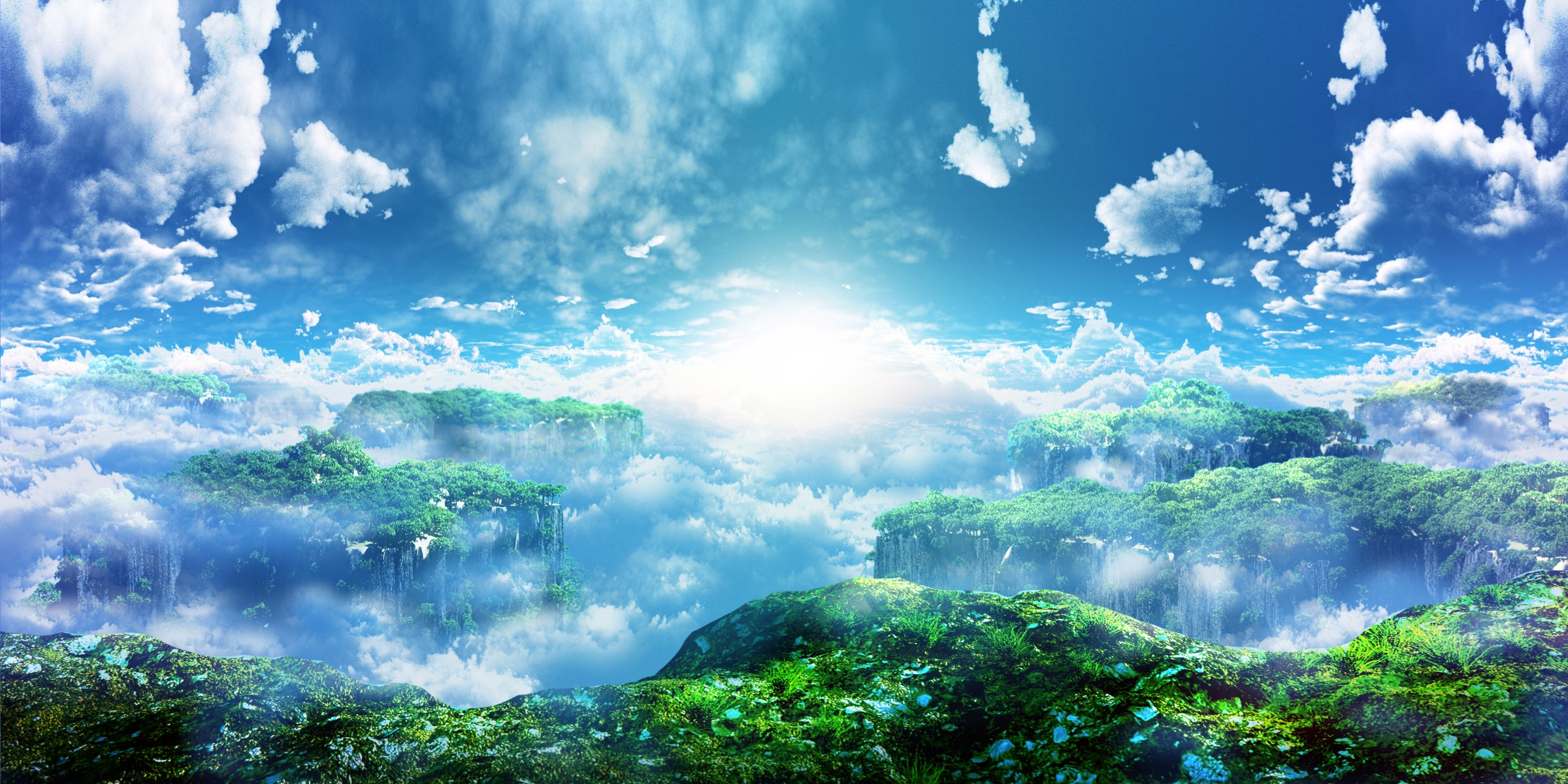 Floating islands in the sky with sun and clouds HD Wallpaper