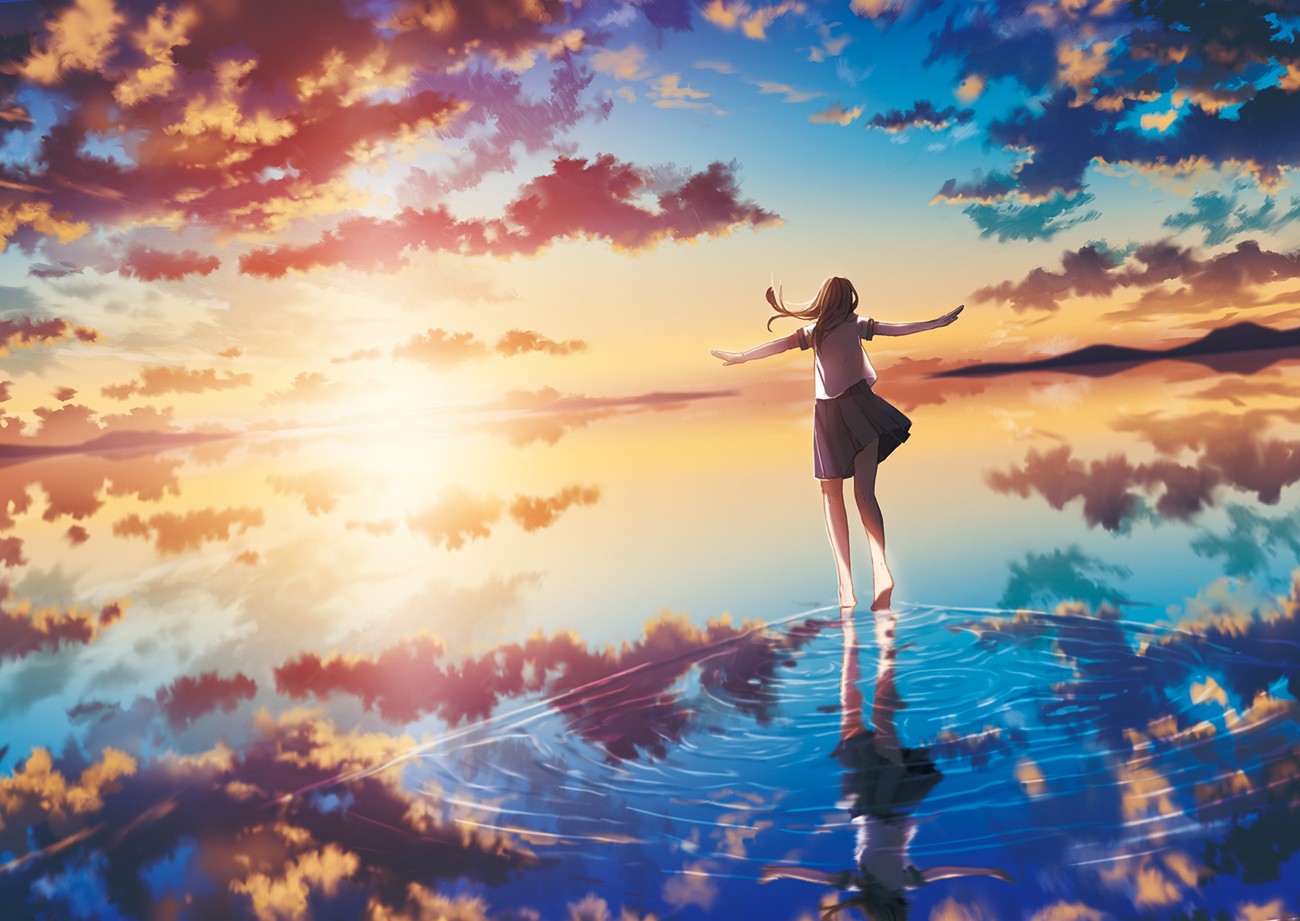 Anime girl in school uniform on water at sunset HD Wallpaper