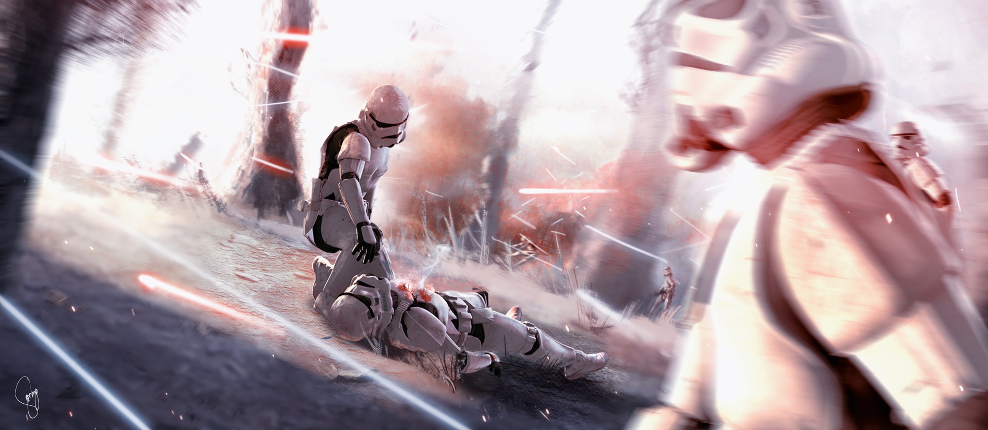 Star Wars battle scene with stormtroopers HD Wallpaper