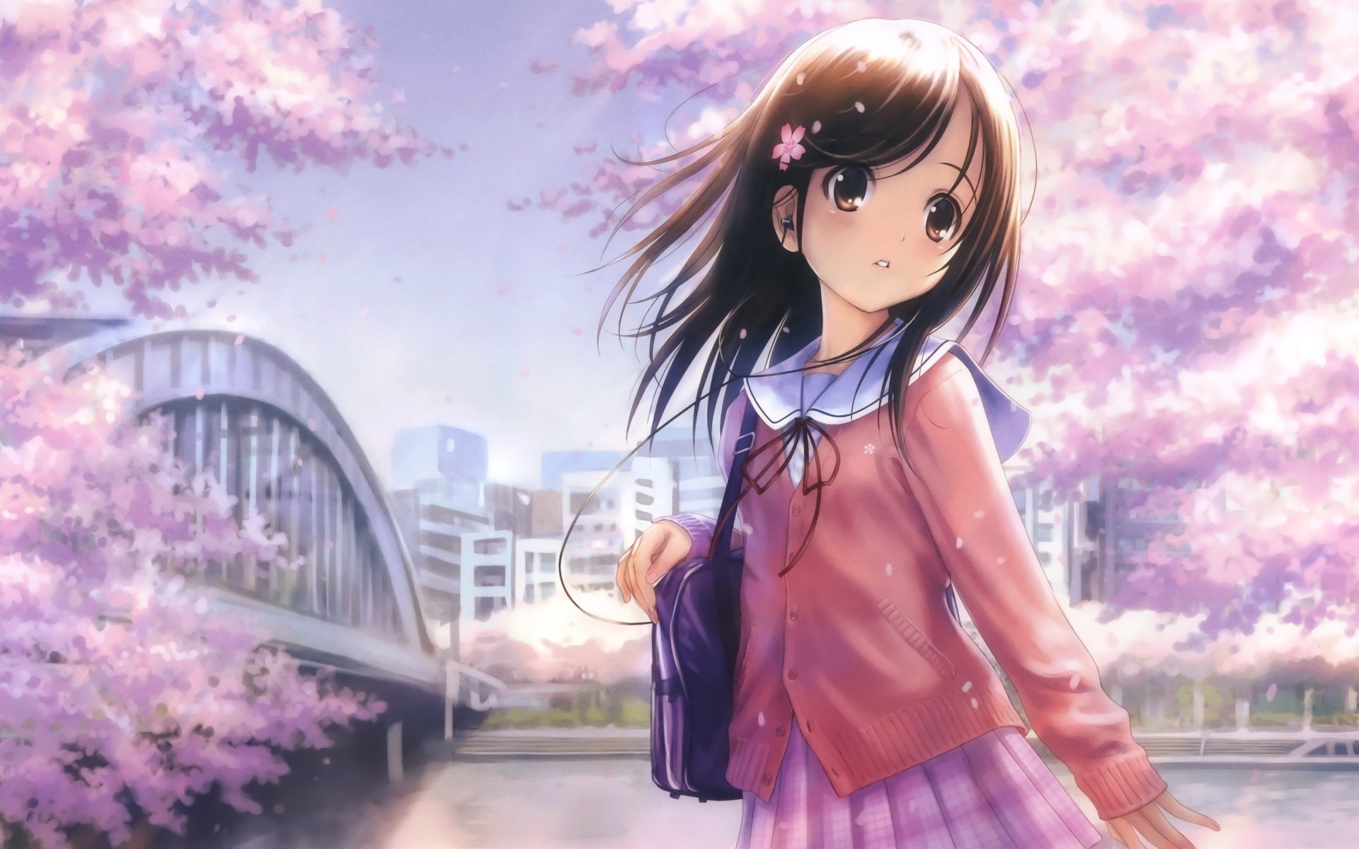 Anime girl in school uniform under cherry blossoms HD Wallpaper