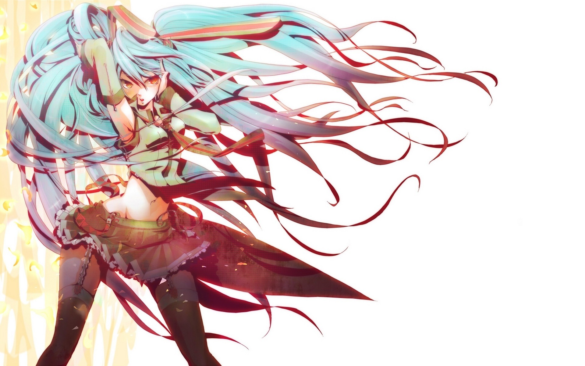 Hatsune Miku with flowing aqua hair and red ribbons HD Wallpaper