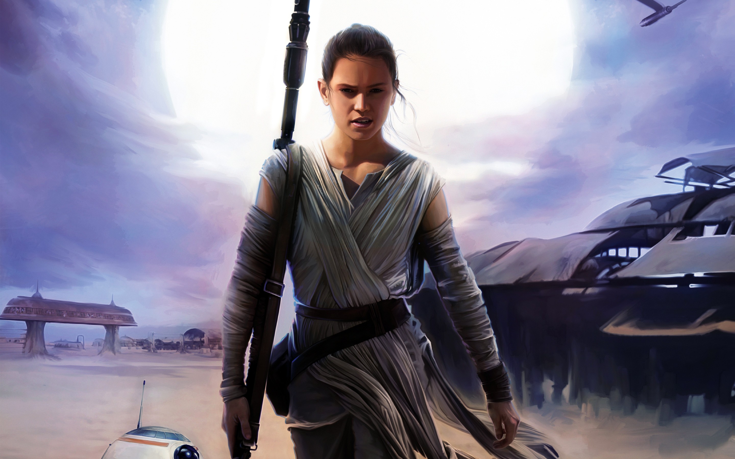 Rey and BB-8 on Jakku from Star Wars HD Wallpaper