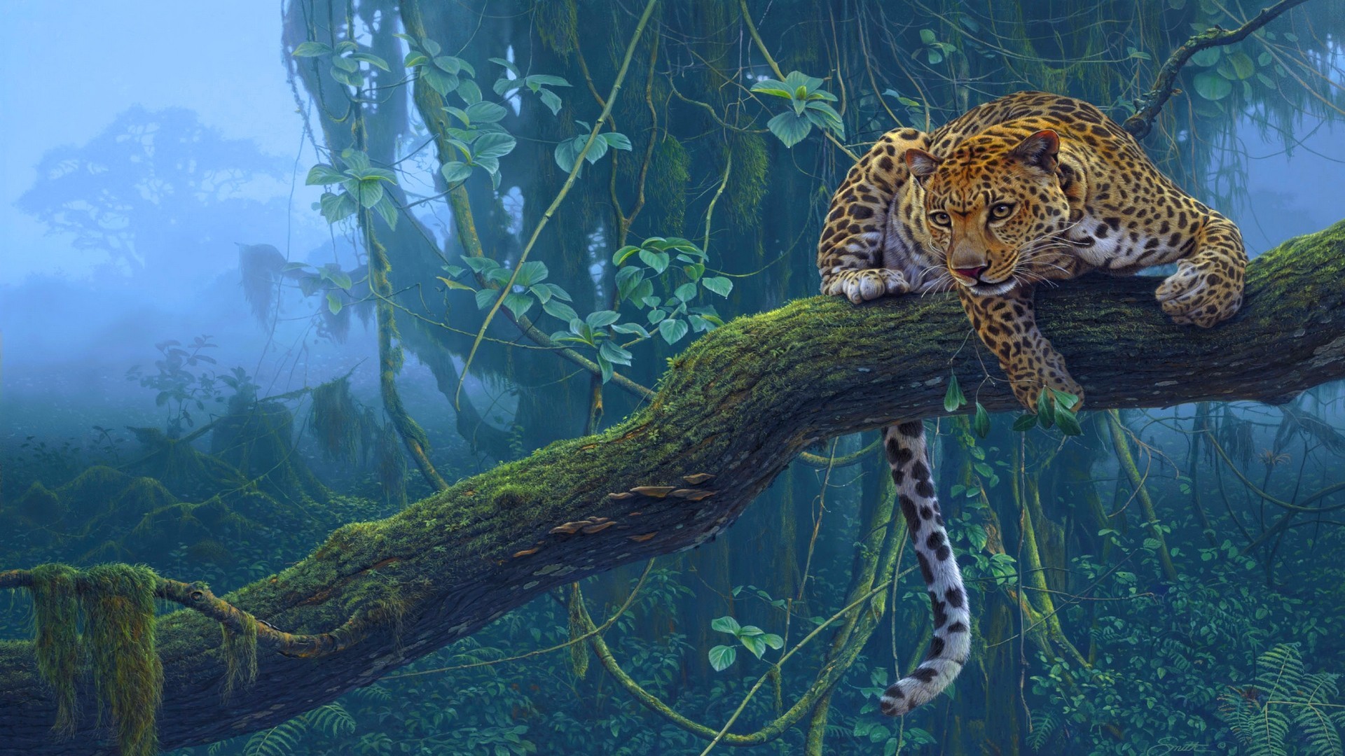 Leopard resting on a mossy tree branch in a misty forest HD Wallpaper