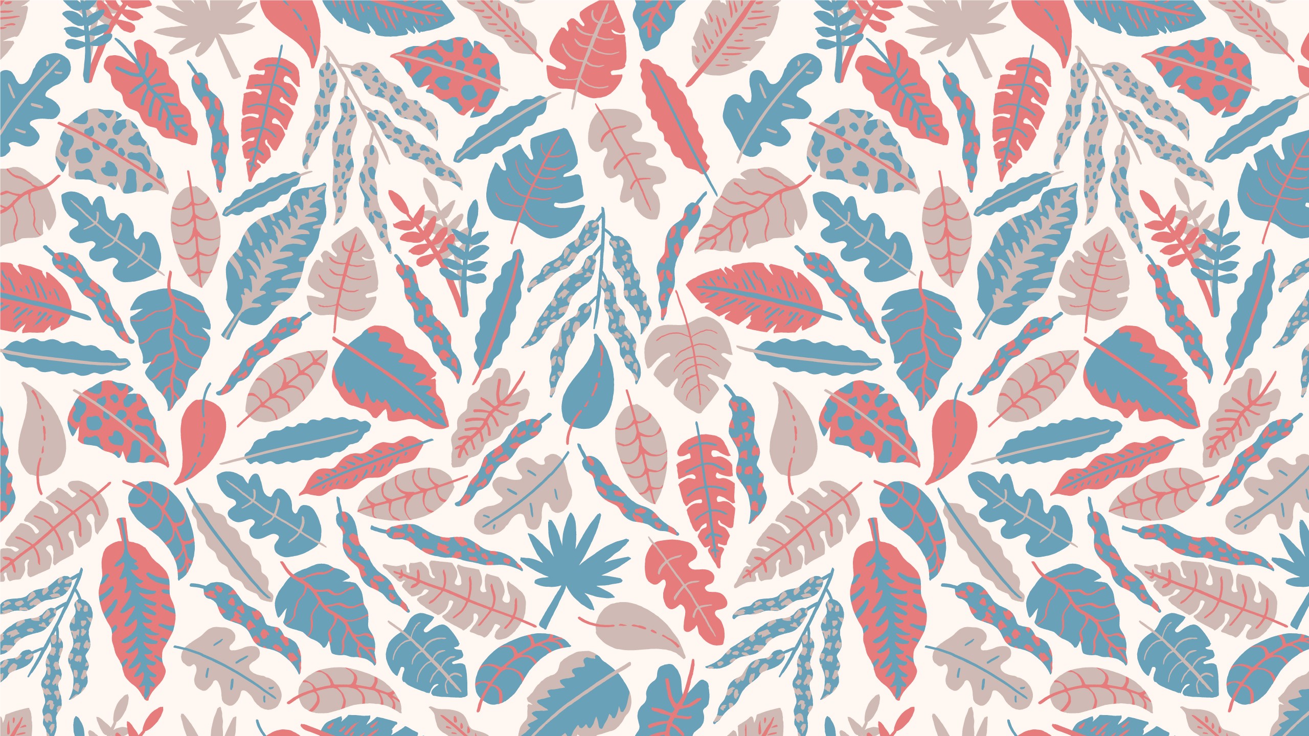 Pattern of tropical leaves in coral, blue, and beige HD Wallpaper