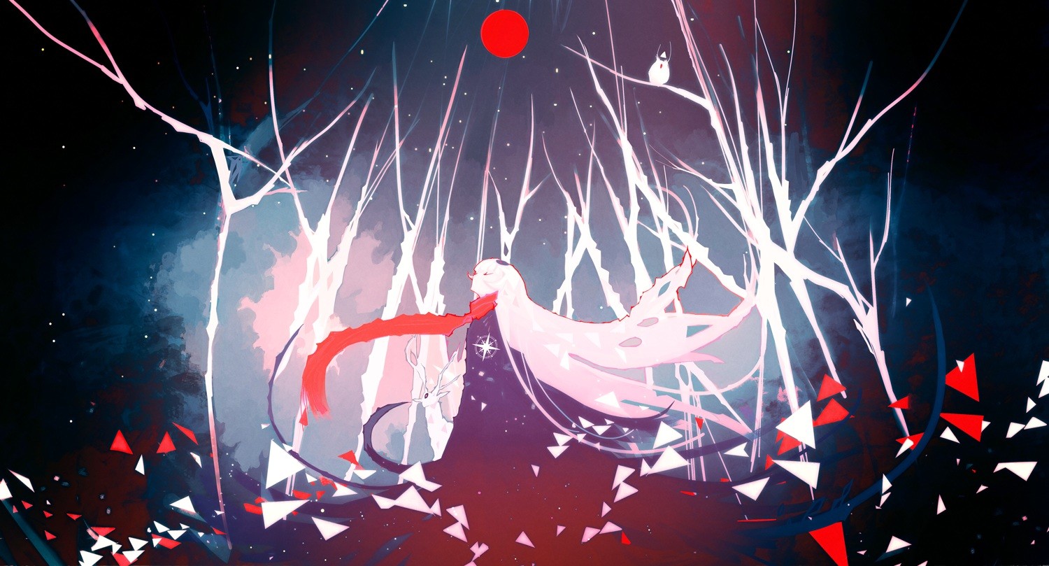 Girl with white hair and red scarf in a forest HD Wallpaper
