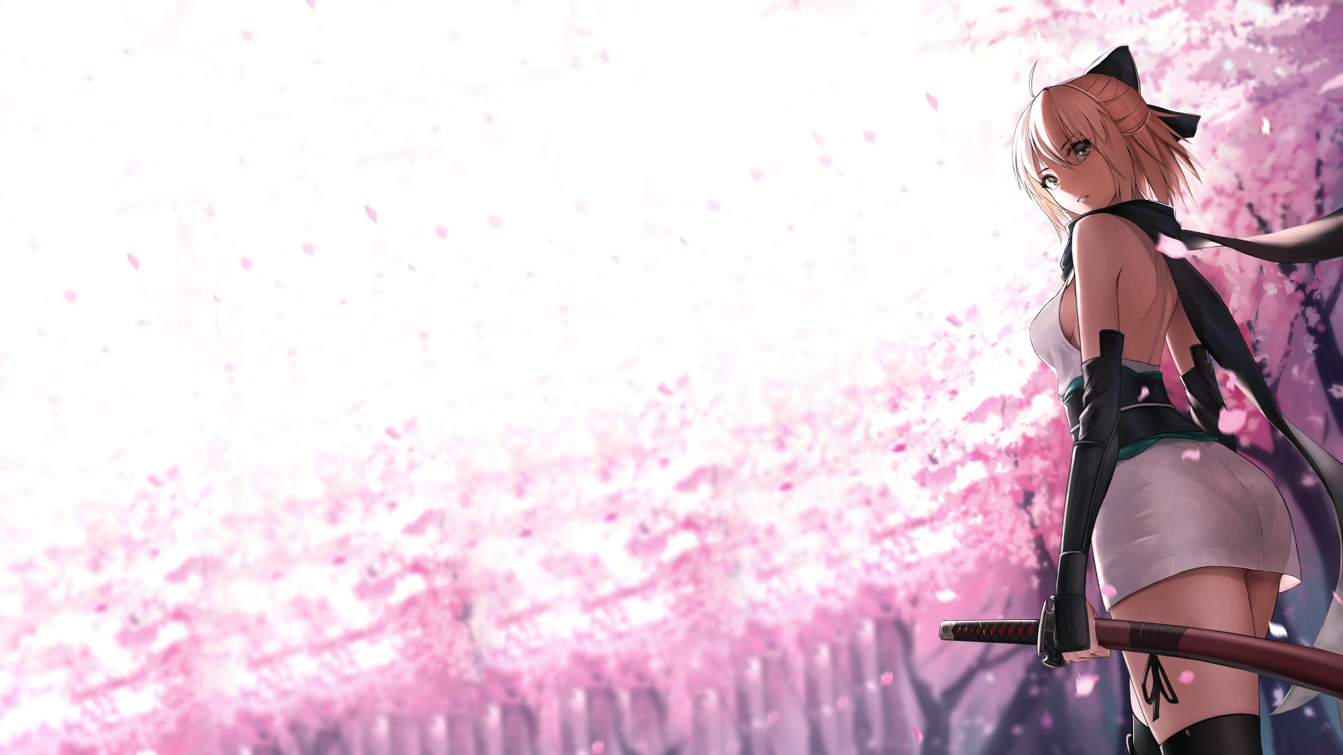 Sakura Saber with a katana among cherry blossoms HD Wallpaper