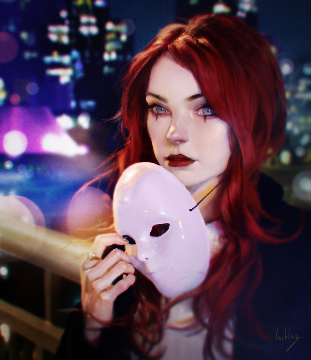 Woman with red hair holding a white mask HD Wallpaper