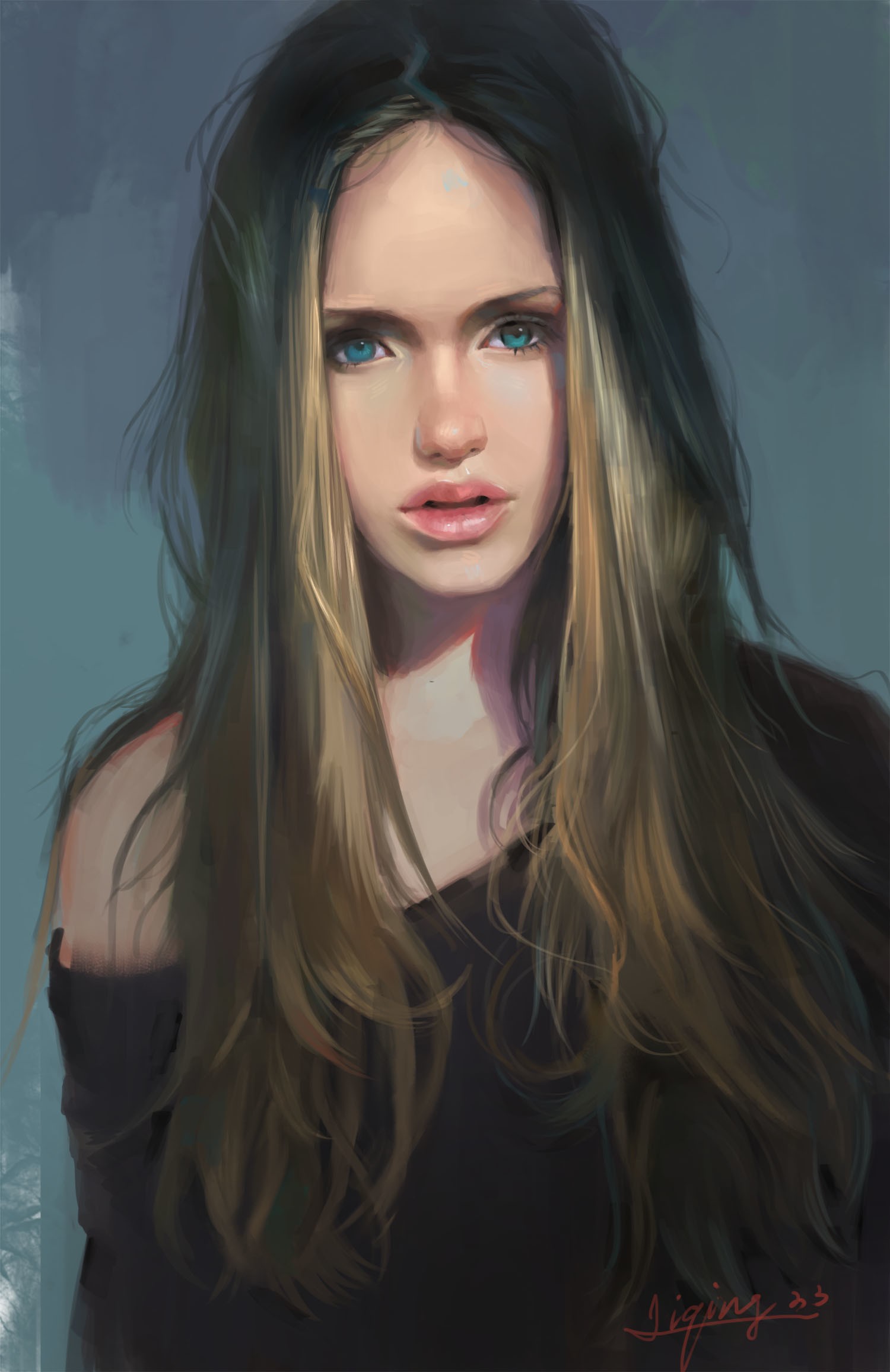 Artwork of a blonde woman with blue eyes HD Wallpaper
