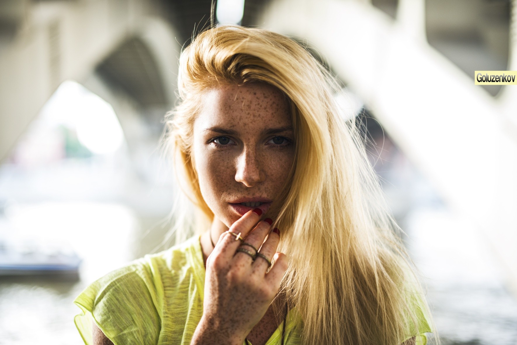 Woman with freckles and blonde hair by Andrew Goluzenkov HD Wallpaper