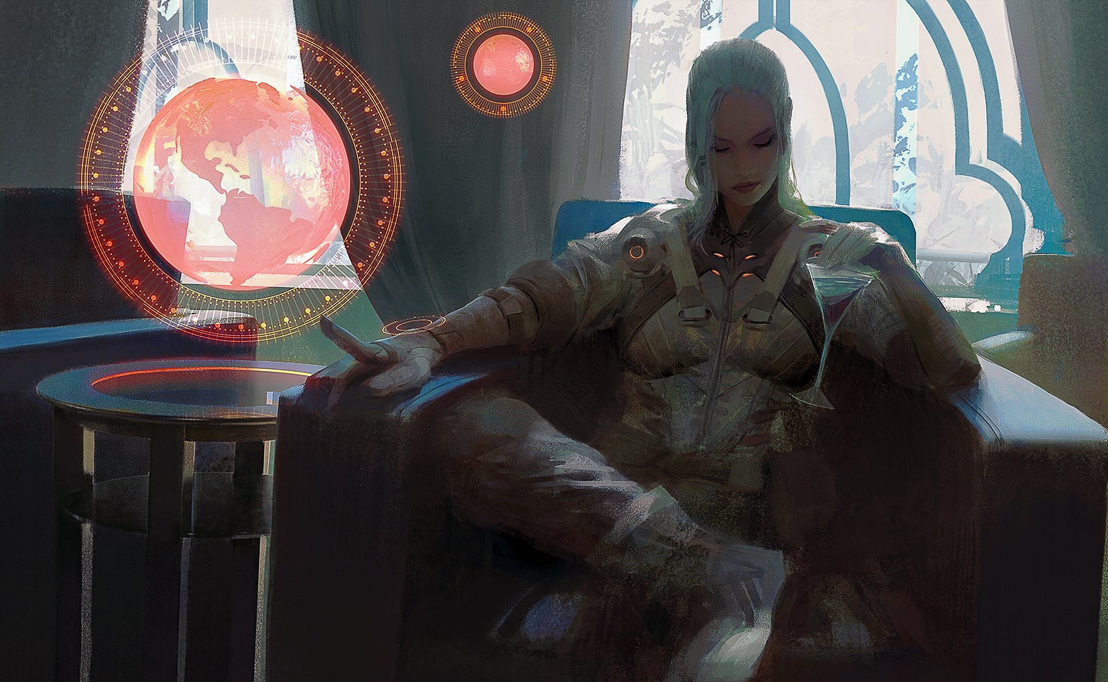 Woman in futuristic suit with holographic globe HD Wallpaper