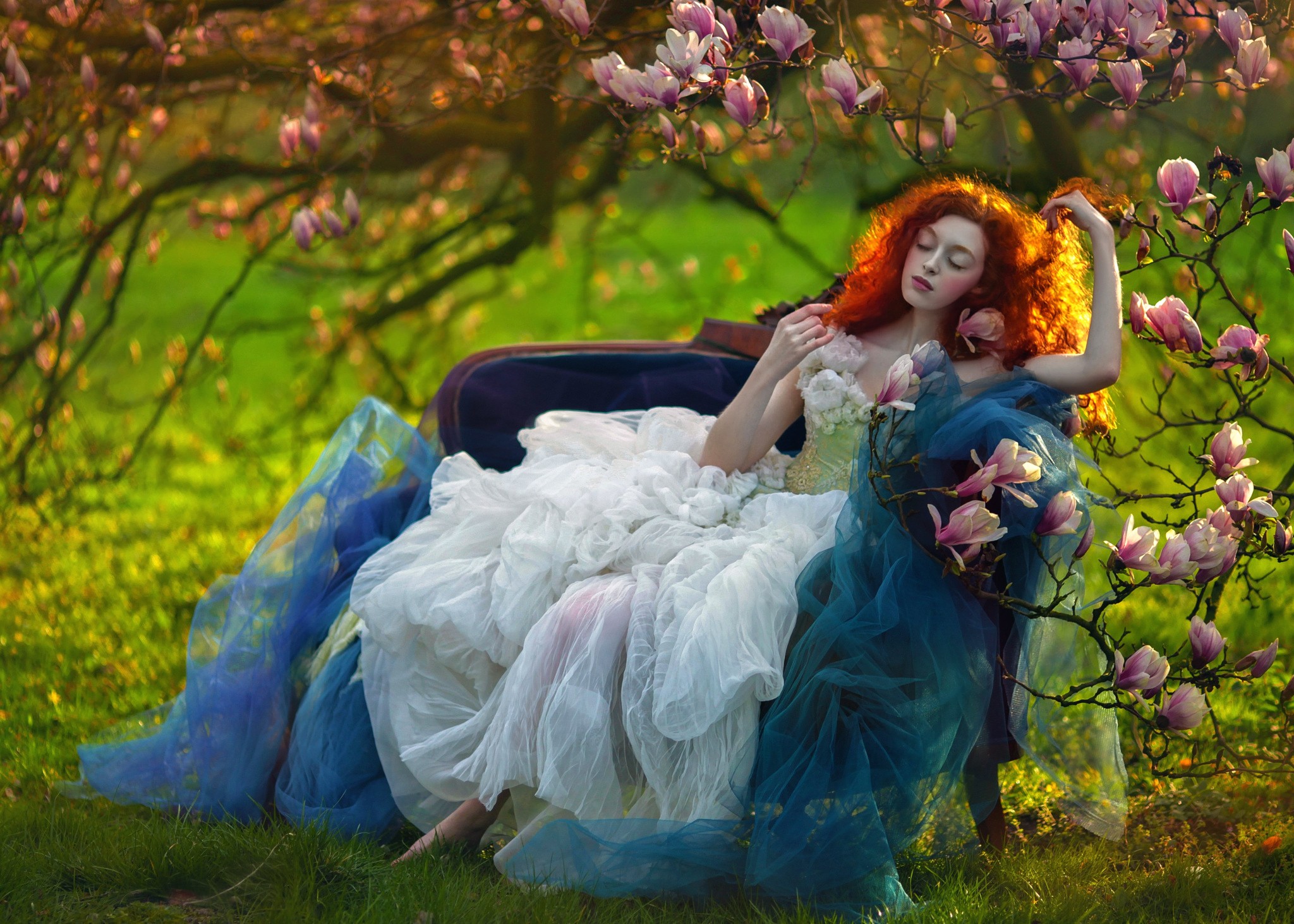 Redhead woman in a fantasy dress with flowers HD Wallpaper