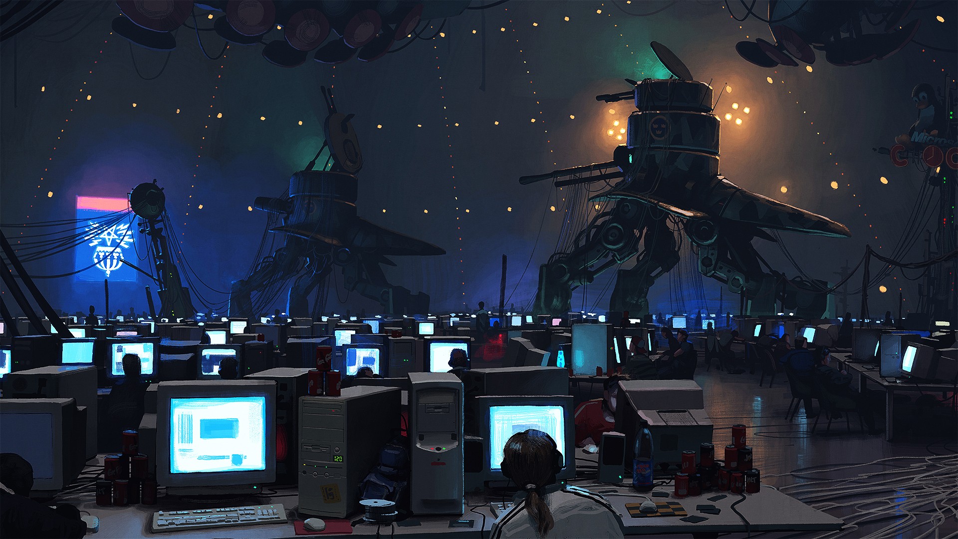 Cyberpunk LAN party with giant robots HD Wallpaper