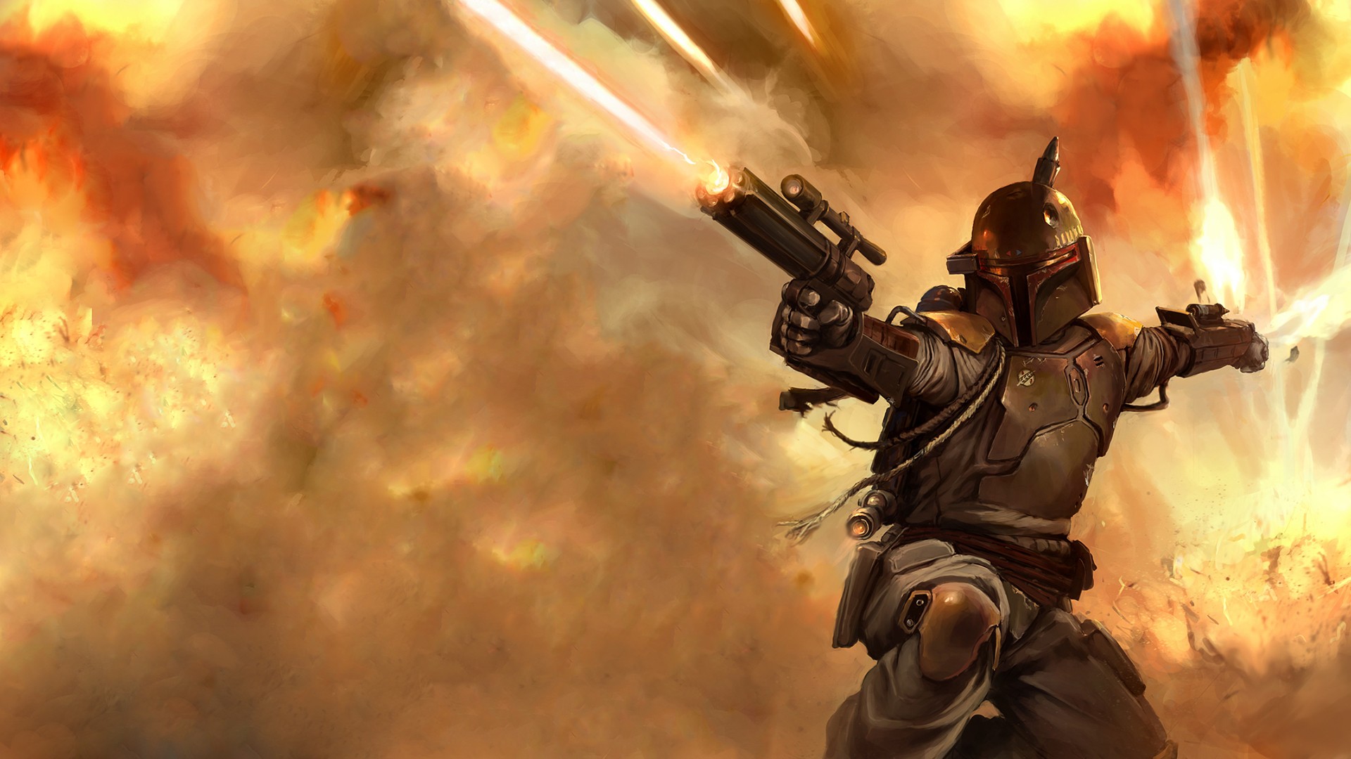 Boba Fett firing his blaster in an explosion HD Wallpaper