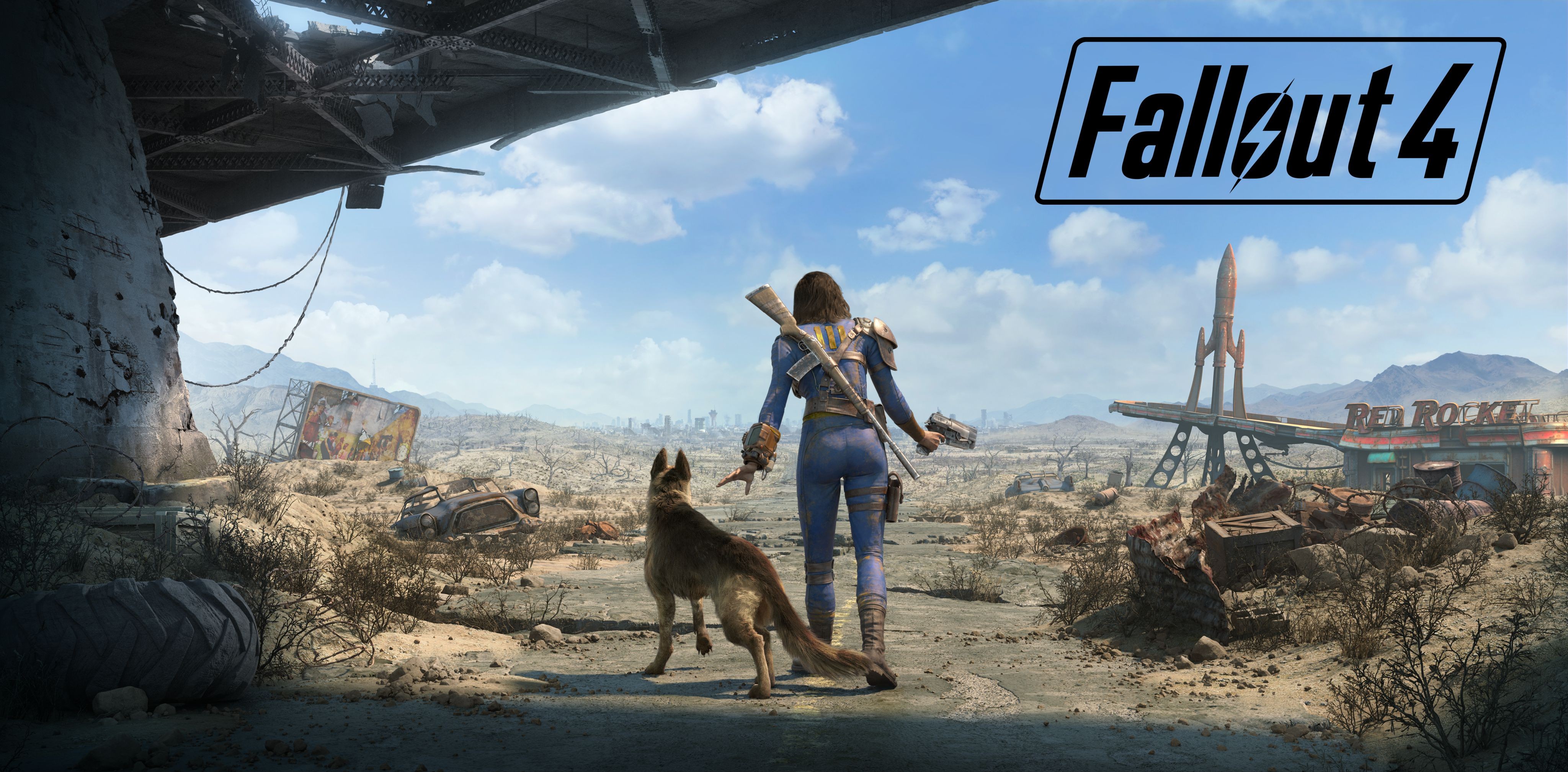 Fallout 4: Woman and Dog in Post-Apocalyptic Landscape HD Wallpaper