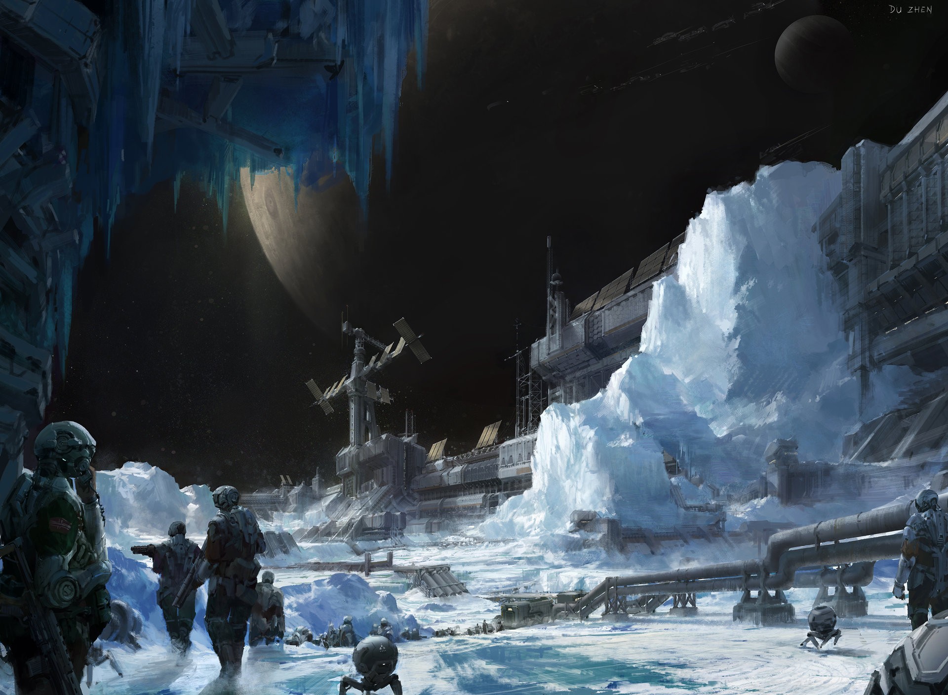 Sci-fi soldiers on an icy planet with a large moon HD Wallpaper