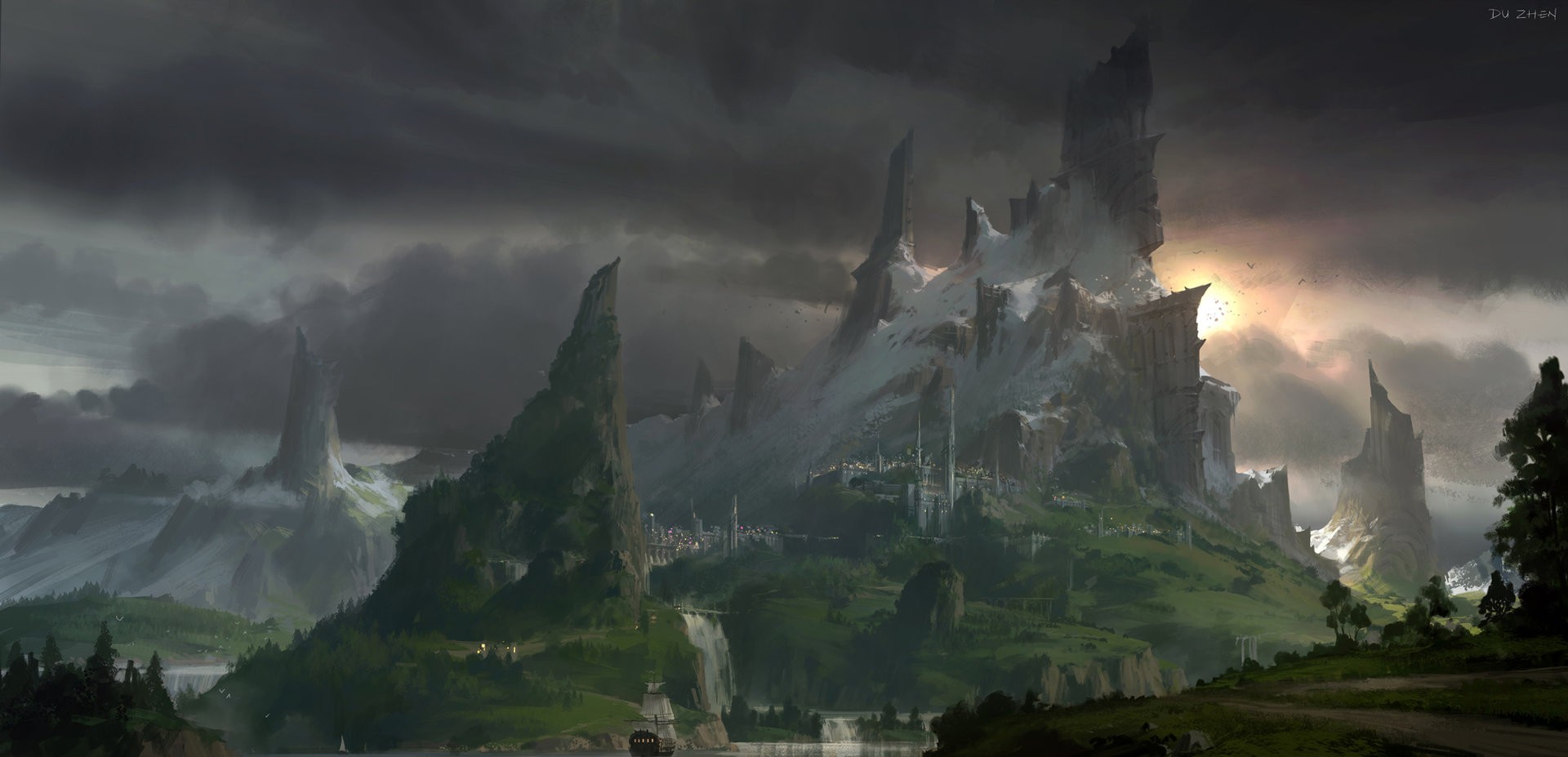 Fantasy landscape with mountains and a city HD Wallpaper