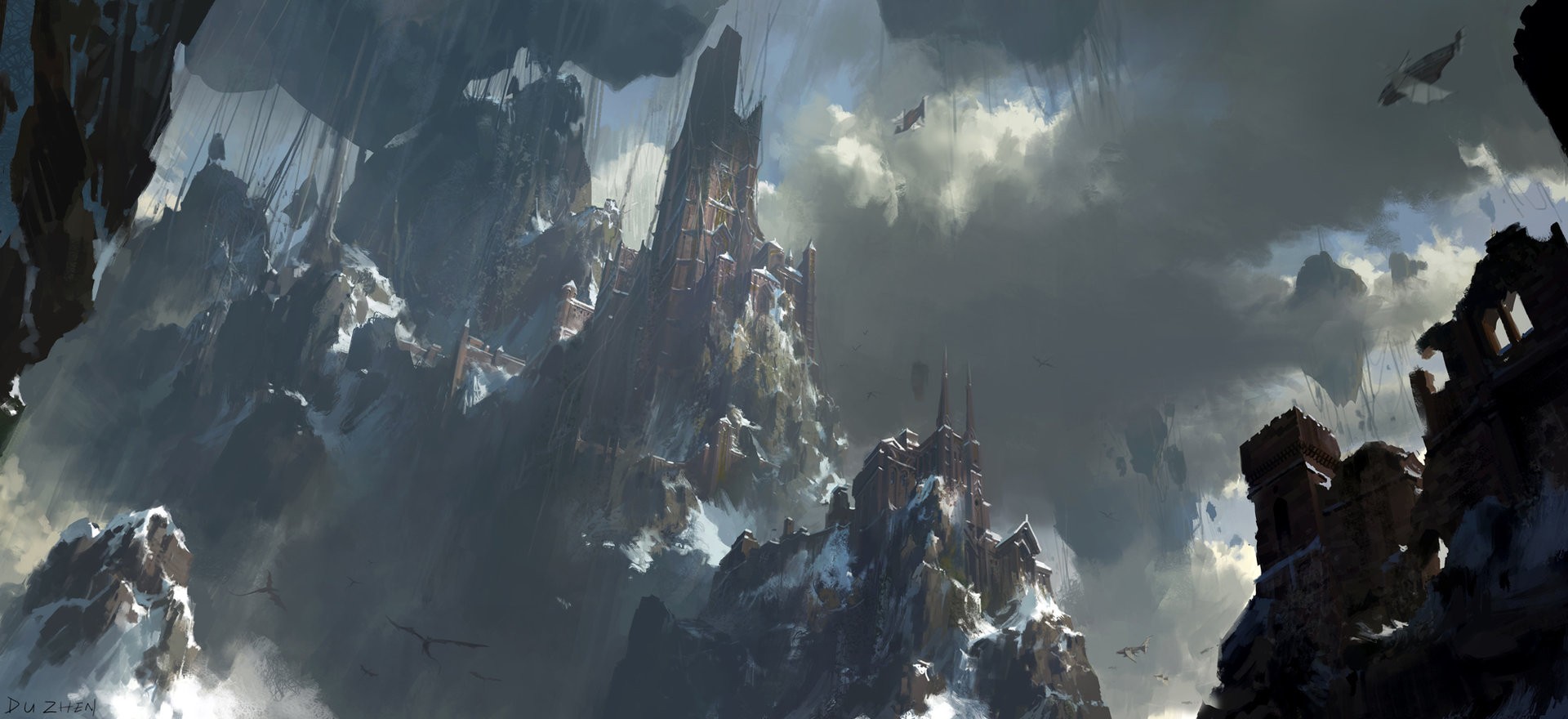 Digital artwork of a fantasy mountain fortress HD Wallpaper
