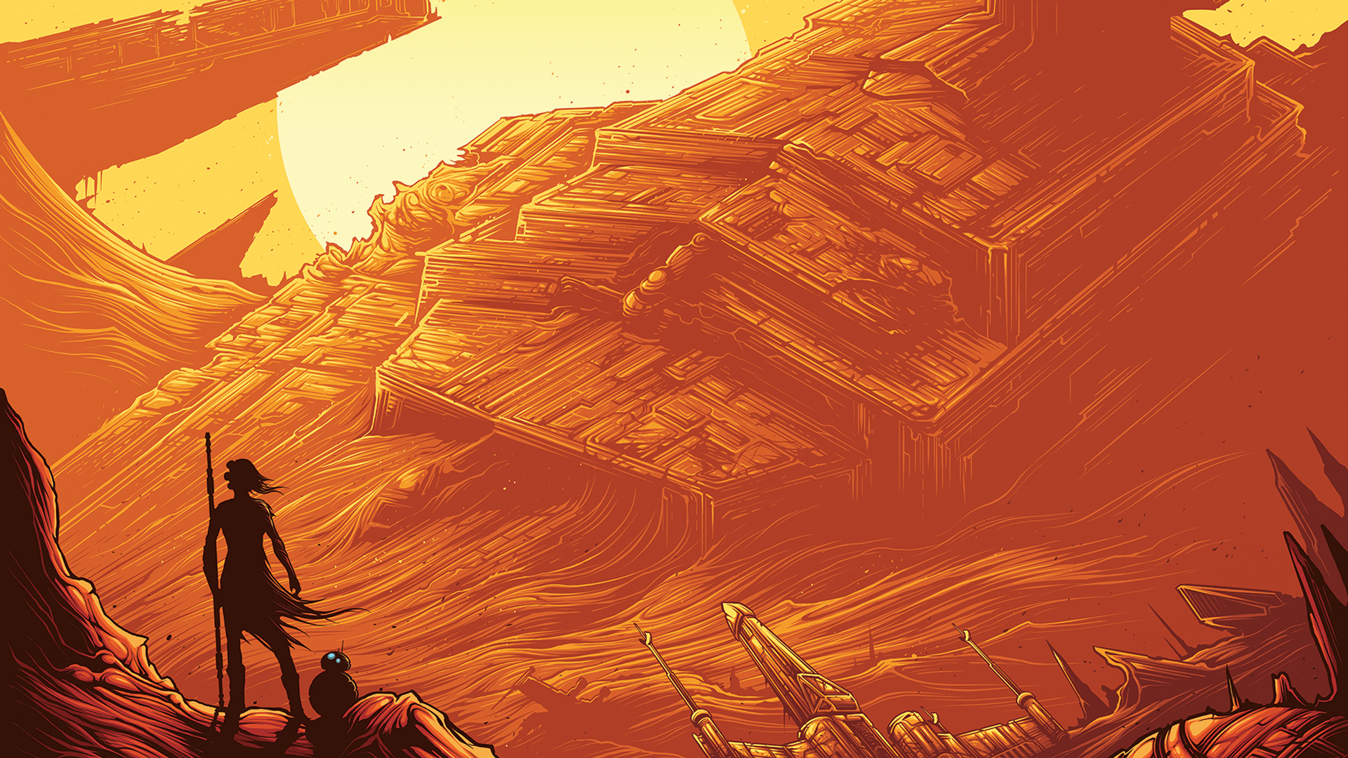 Rey and BB-8 on Jakku with Star Destroyer HD Wallpaper