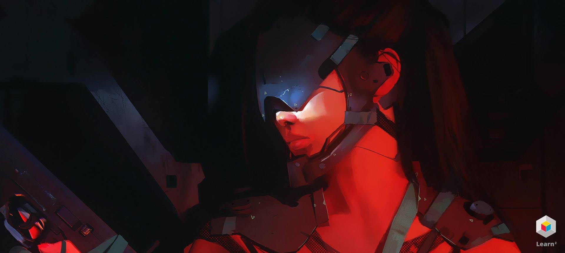 Futuristic woman in sci-fi armor with red lighting HD Wallpaper