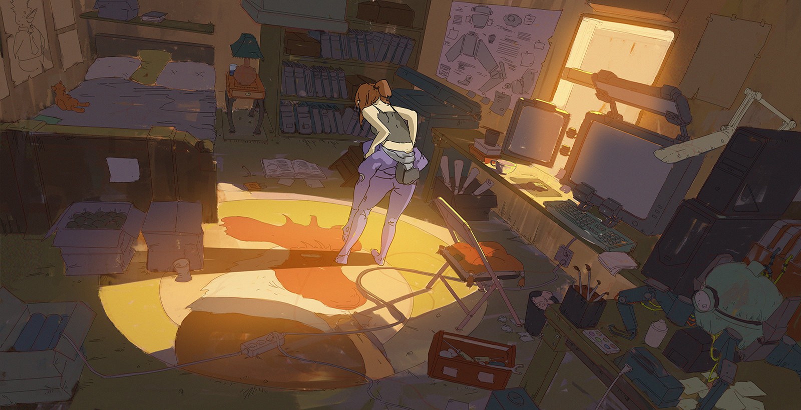 Atey Ghailan's messy room with a robot HD Wallpaper