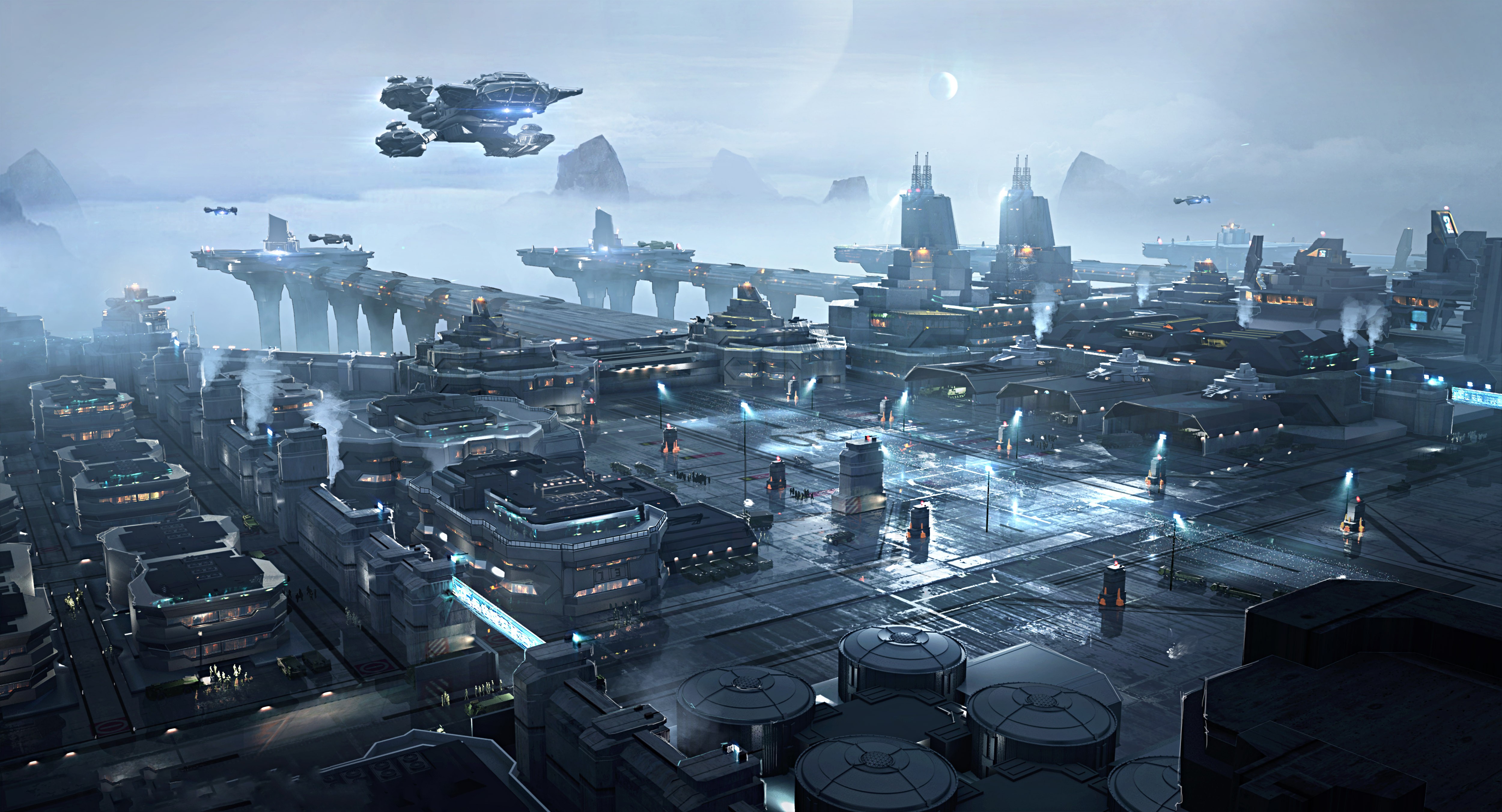 Star Citizen futuristic city with flying vehicles HD Wallpaper