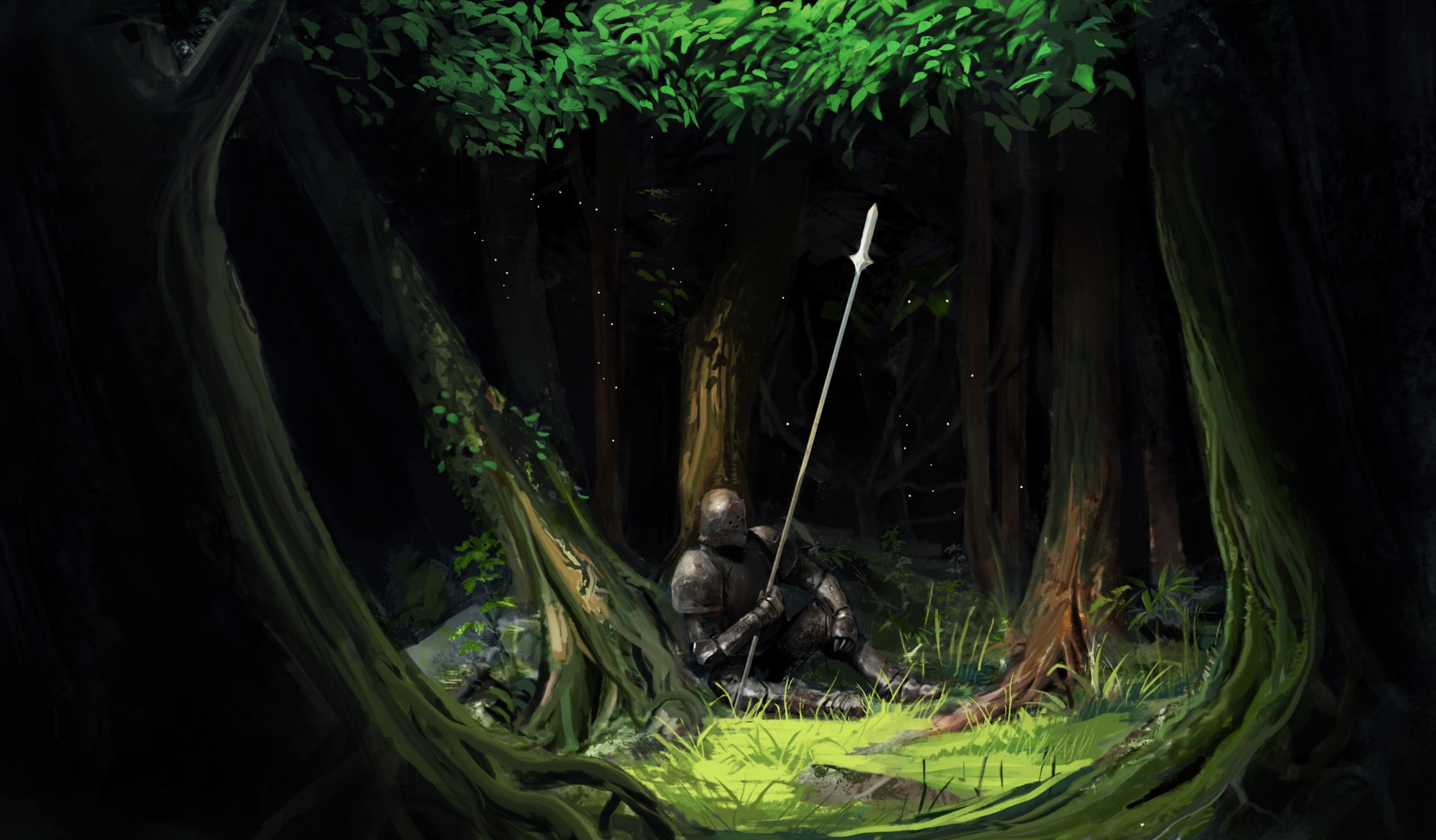 Knight in armor with spear in a dark forest HD Wallpaper