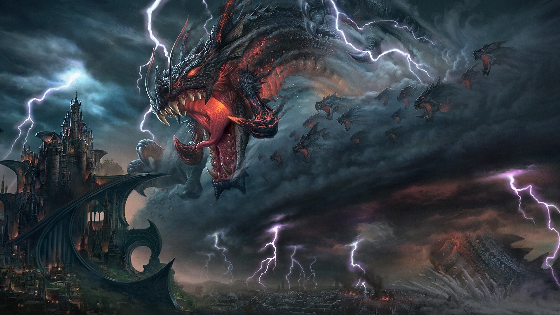 A horde of dragons attacks a dark castle during a lightning storm HD Wallpaper