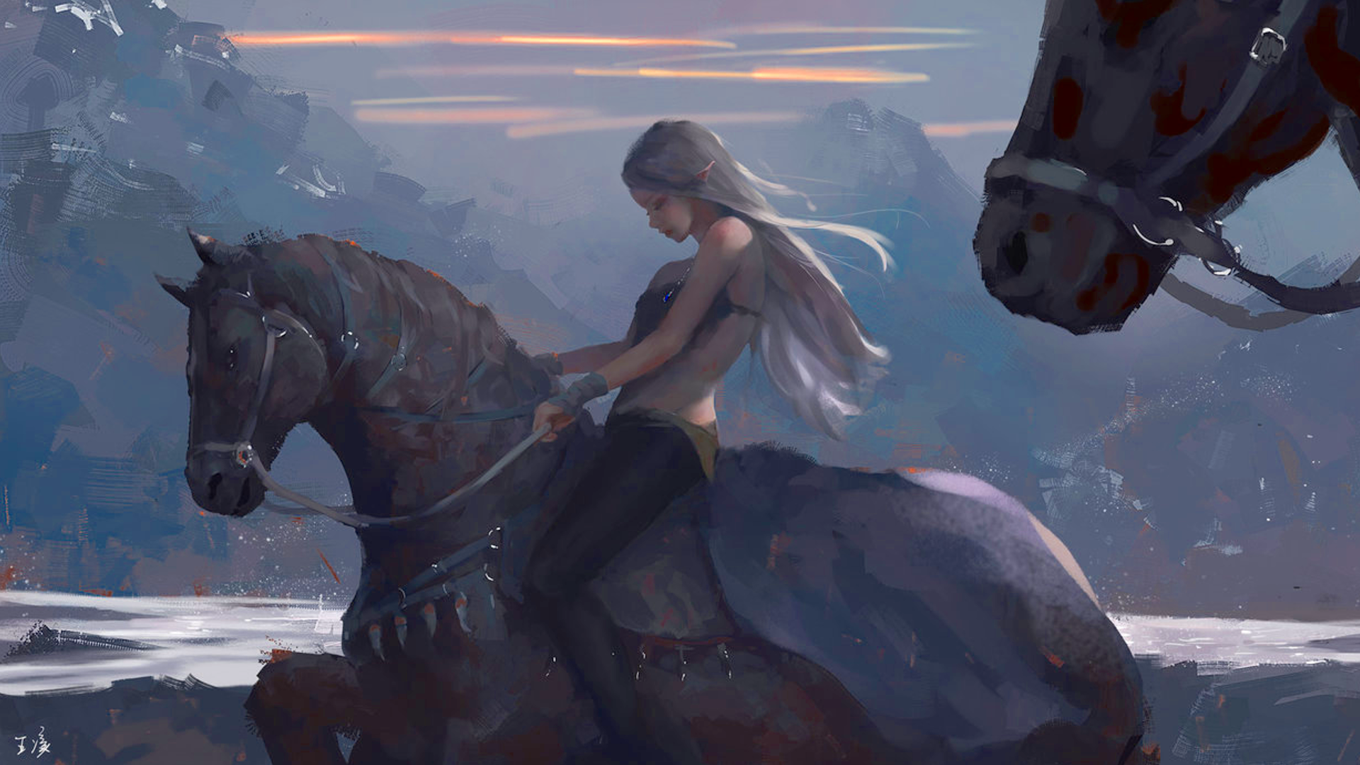 Elf girl riding a horse with mountains in the background HD Wallpaper