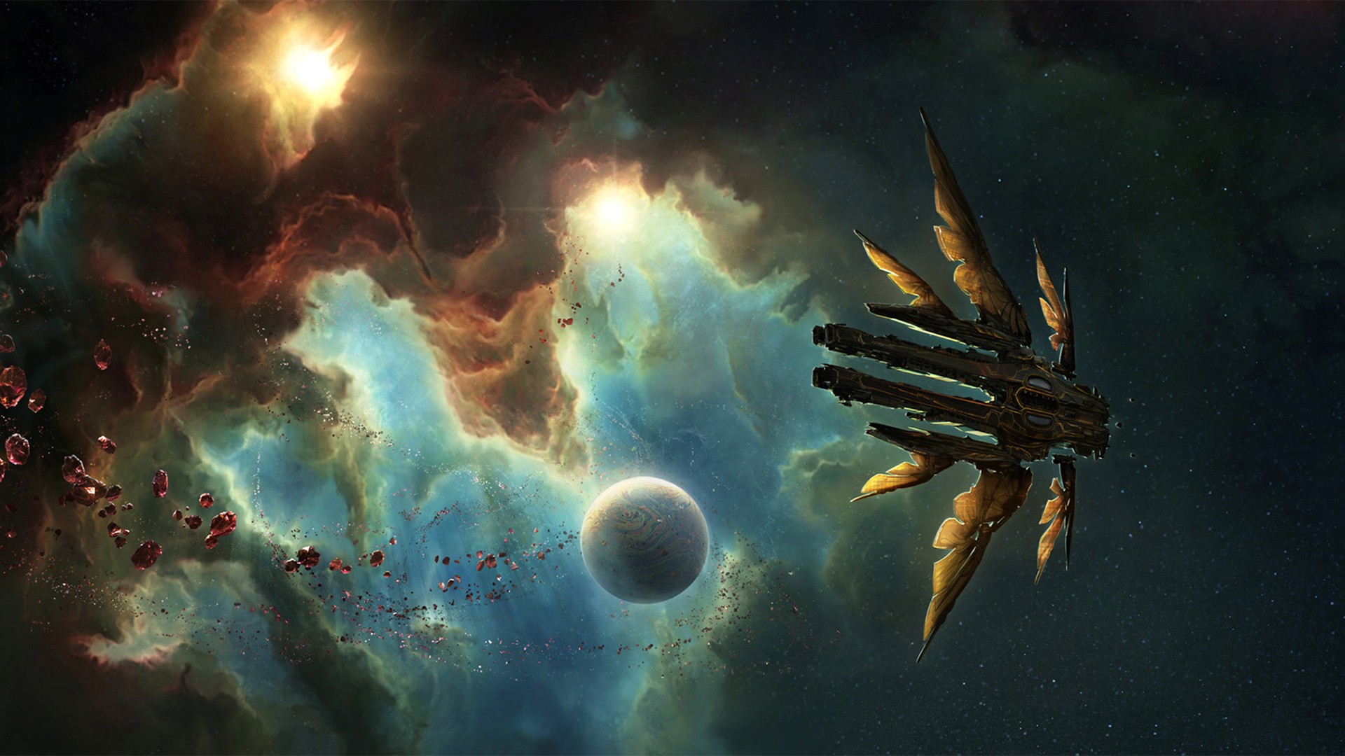 Spaceship near a planet and nebula HD Wallpaper