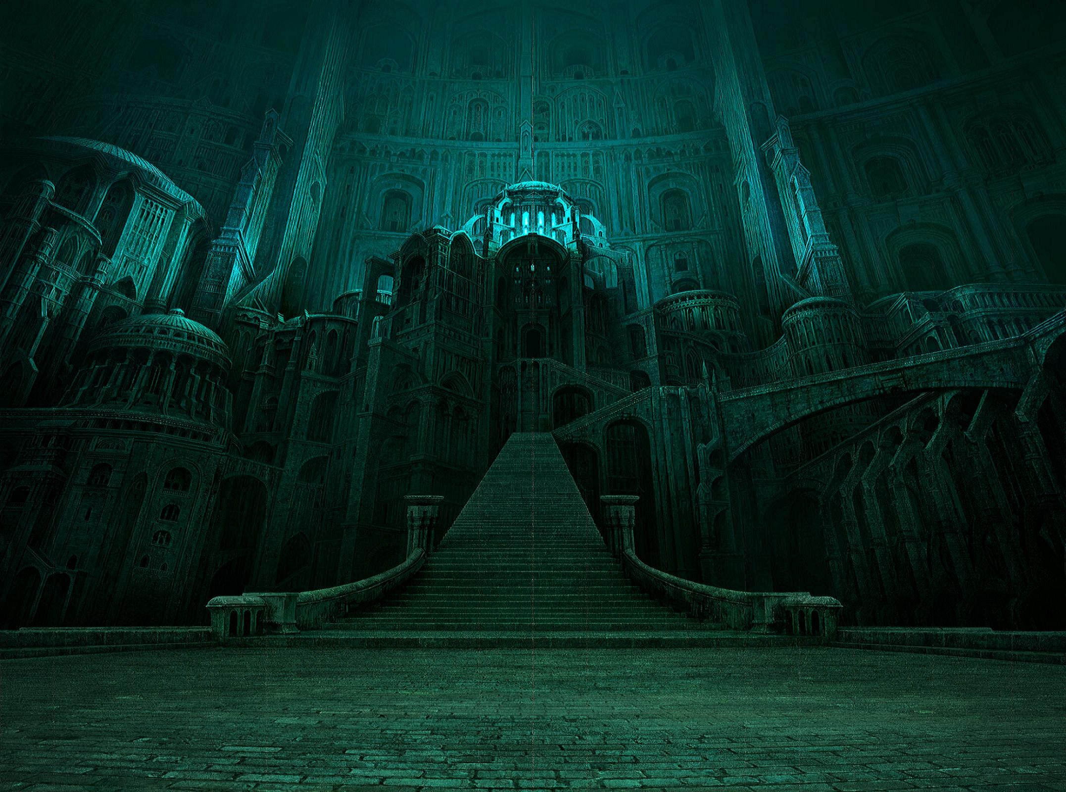 Fantasy art of a dark, ancient, and grand architectural structure HD Wallpaper