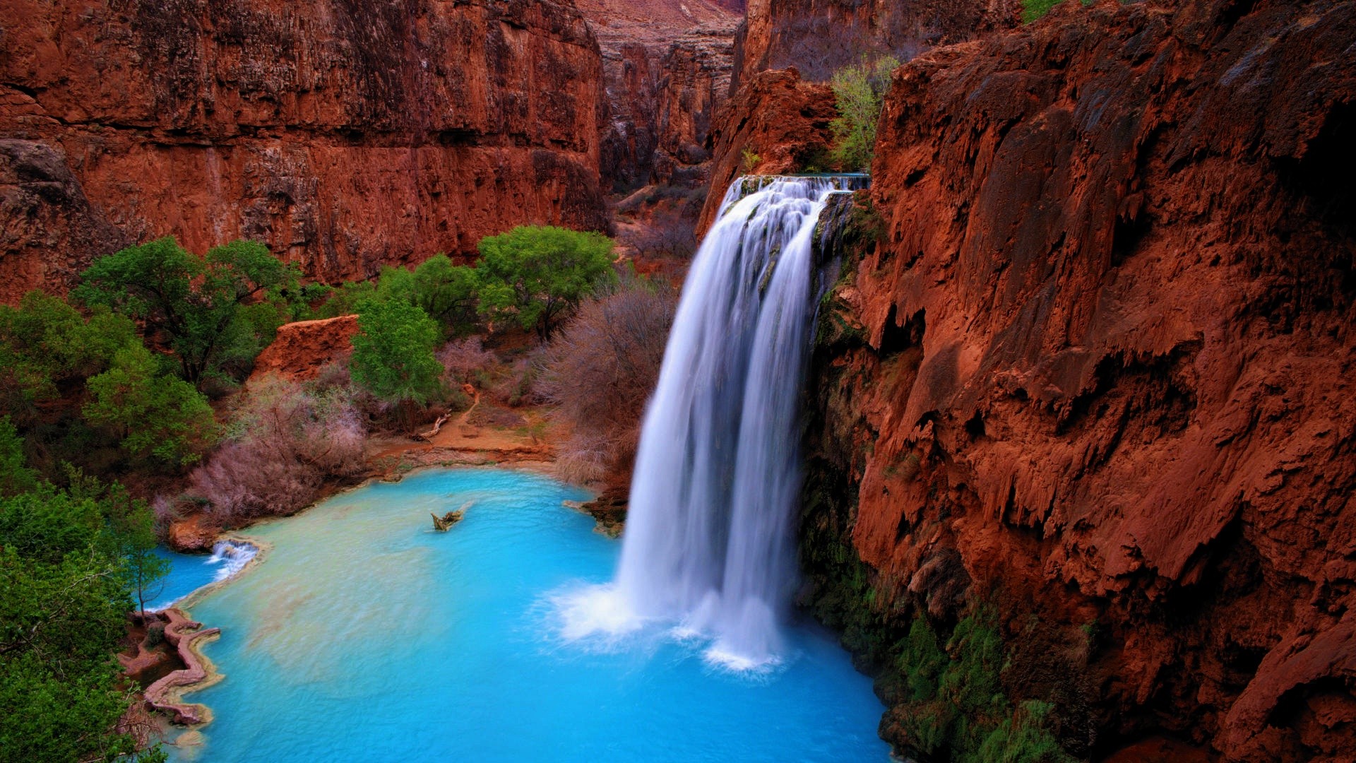 Waterfall in a Red Rock Canyon HD Wallpaper