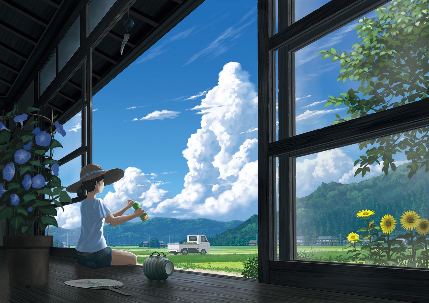 Girl with hat looking at clouds from a porch HD Wallpaper