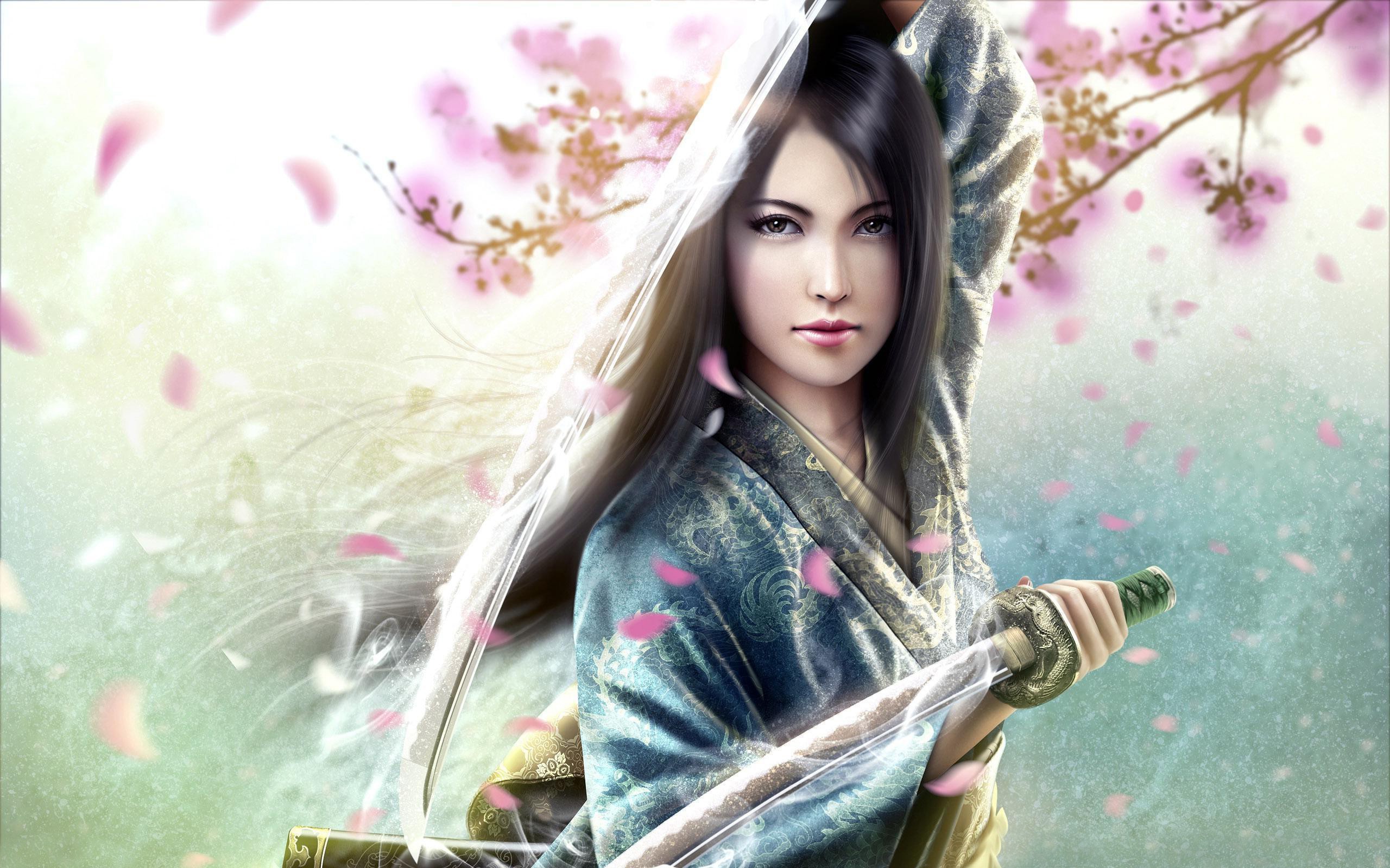Woman with katana and cherry blossoms HD Wallpaper