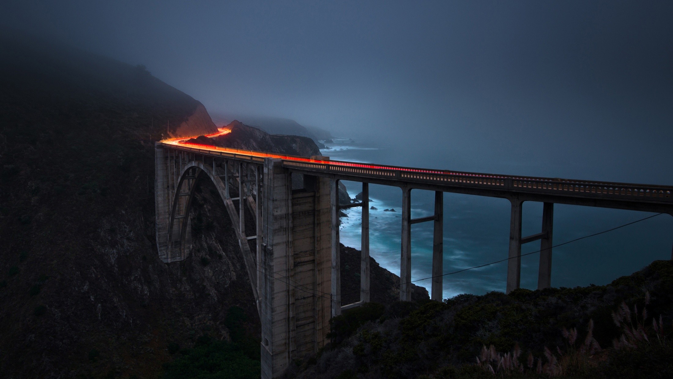 Bixby Bridge in fog with light trails HD Wallpaper