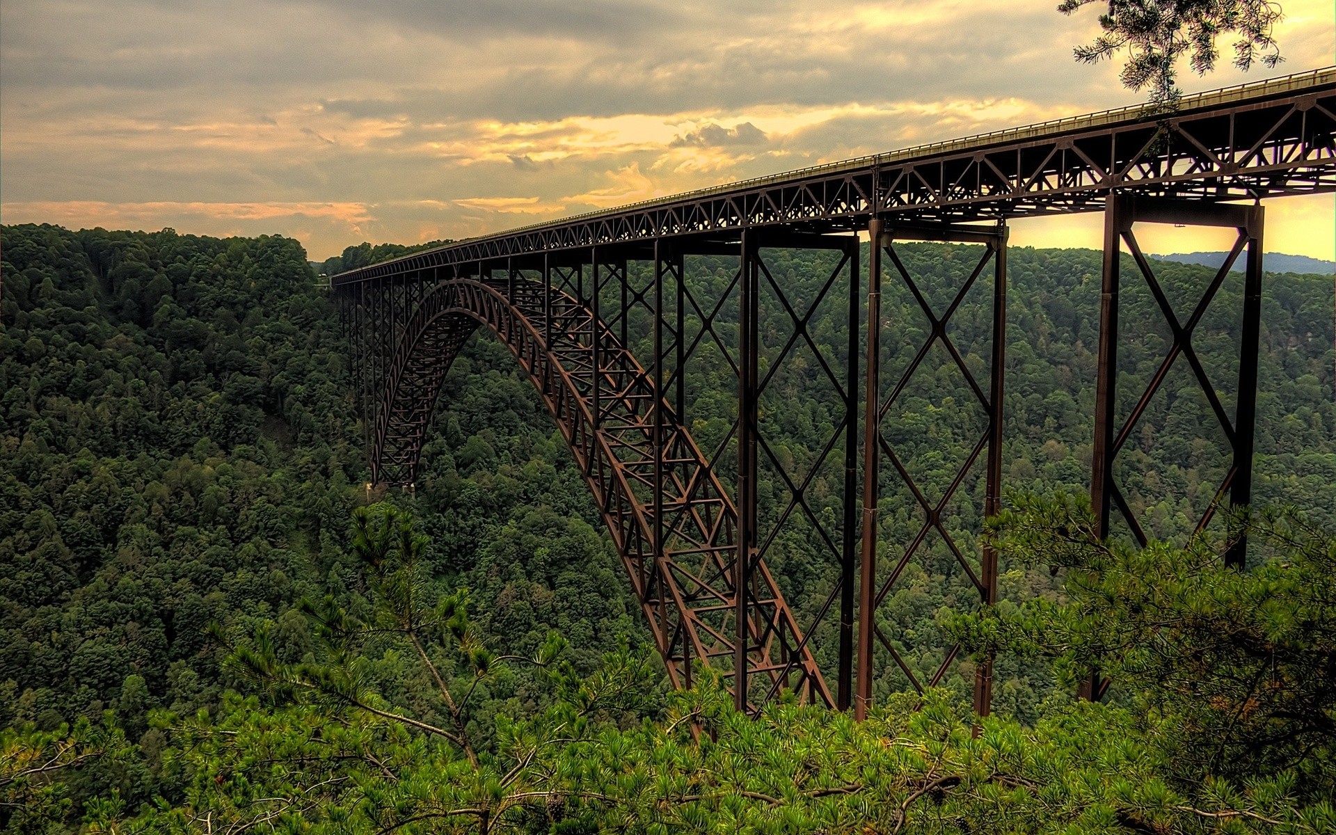 New River Gorge Bridge over a forested gorge HD Wallpaper