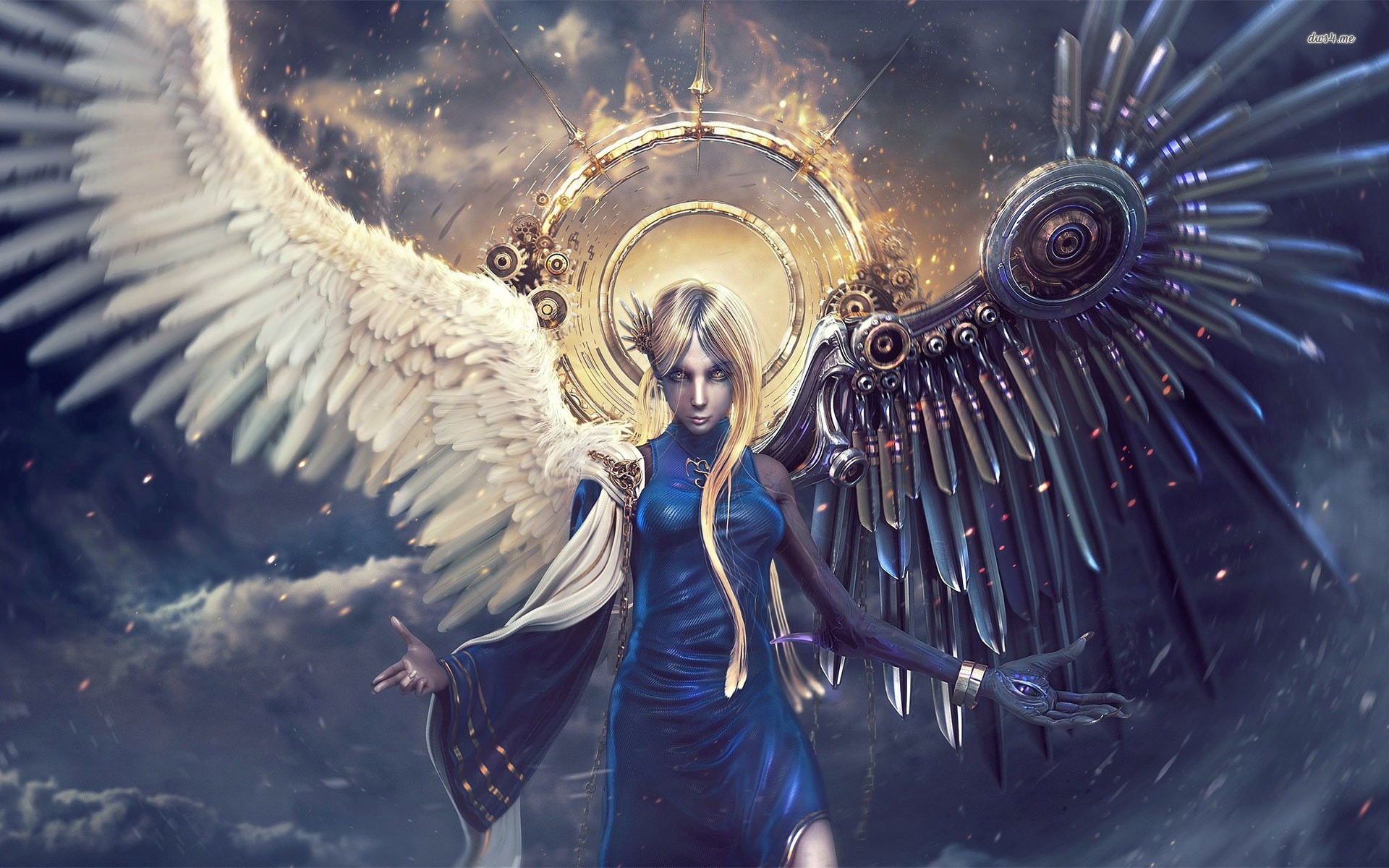 Angel with mechanical and feathered wings HD Wallpaper