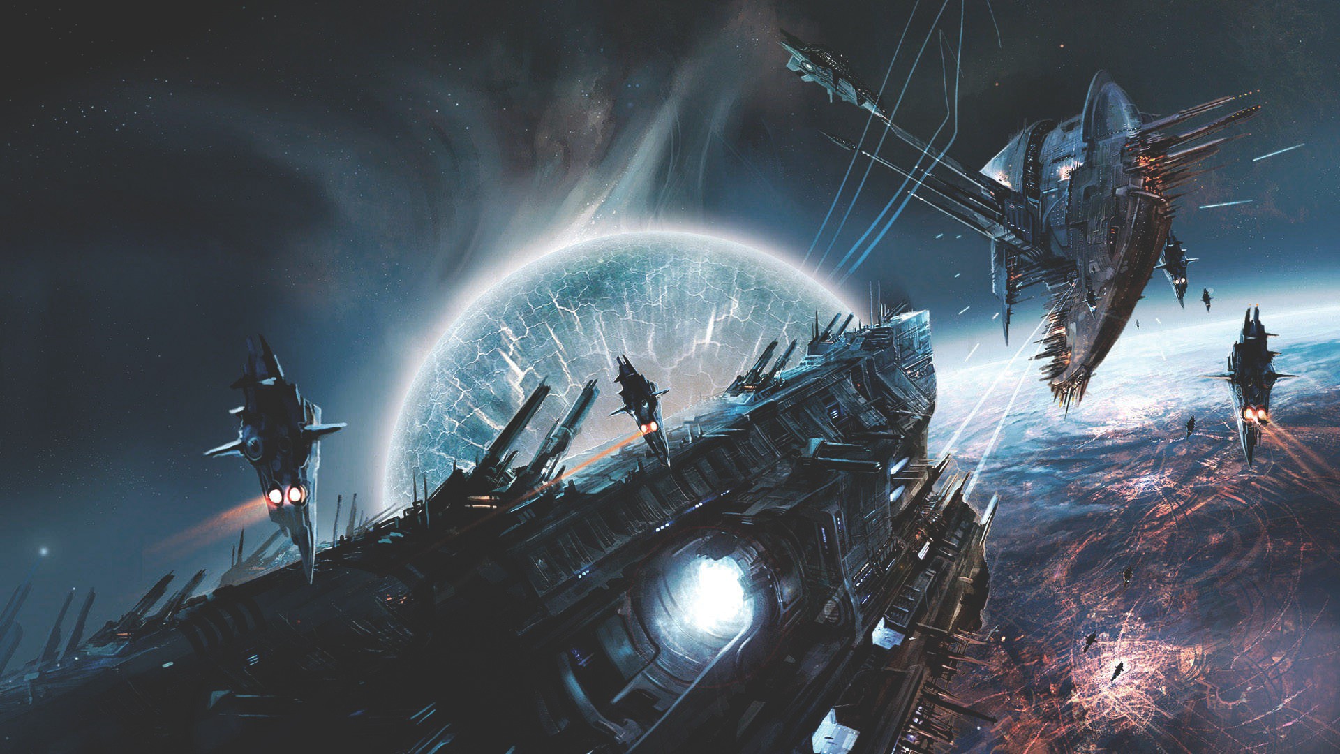 Massive alien spaceships orbiting a cracked planet HD Wallpaper