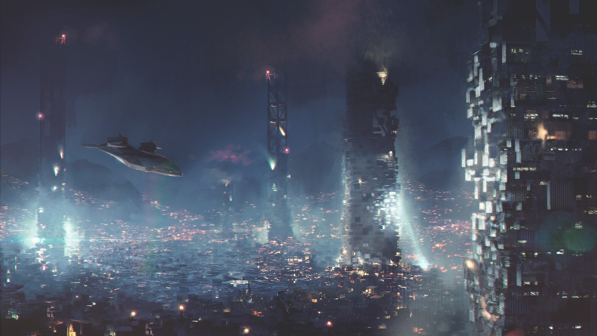 Futuristic city with flying vehicle at night HD Wallpaper