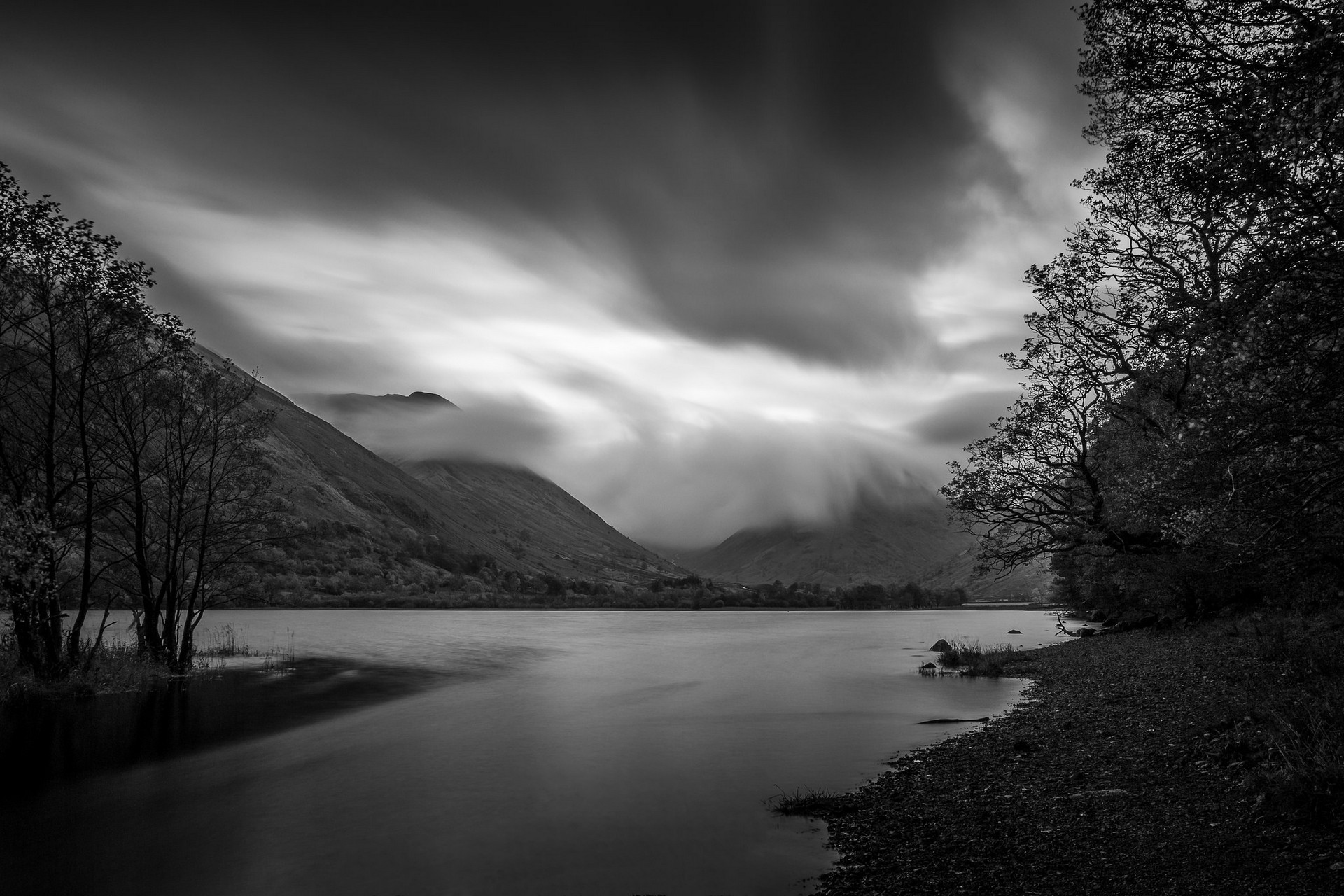 Monochrome landscape with lake and mountains HD Wallpaper
