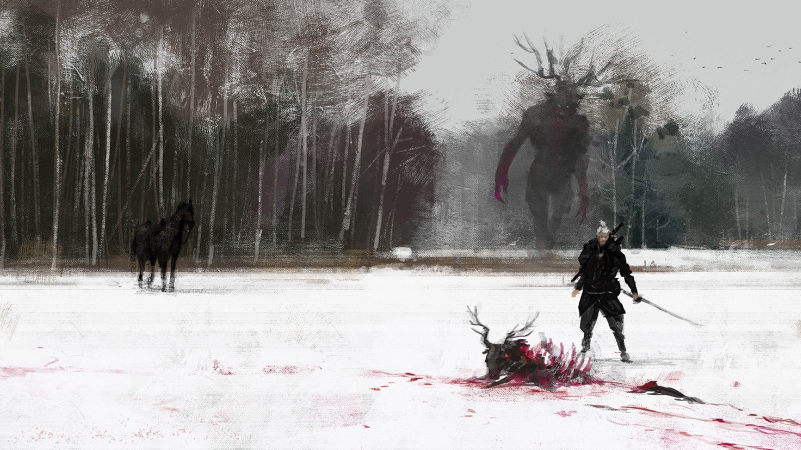 The Witcher 3: Geralt and a Leshen in a snowy forest HD Wallpaper