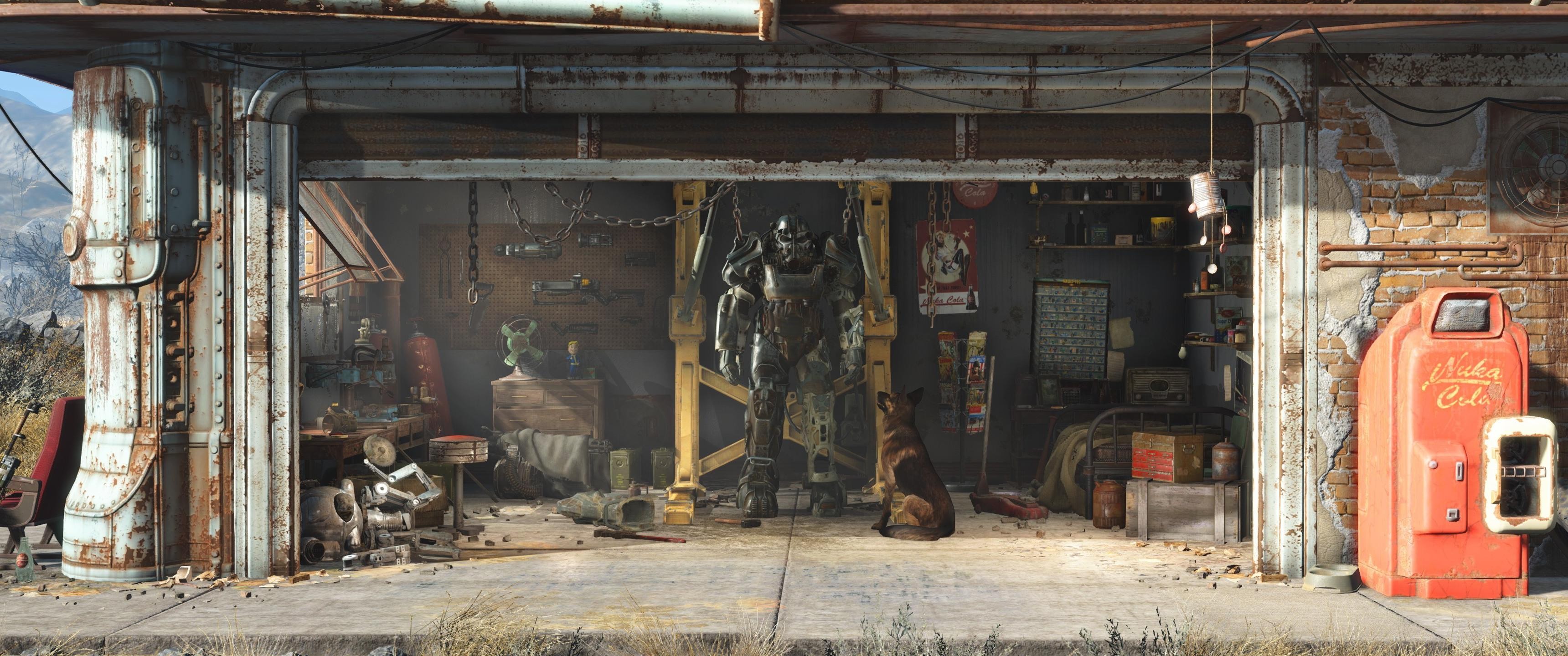 Fallout Power Armor in a Garage with Dog HD Wallpaper