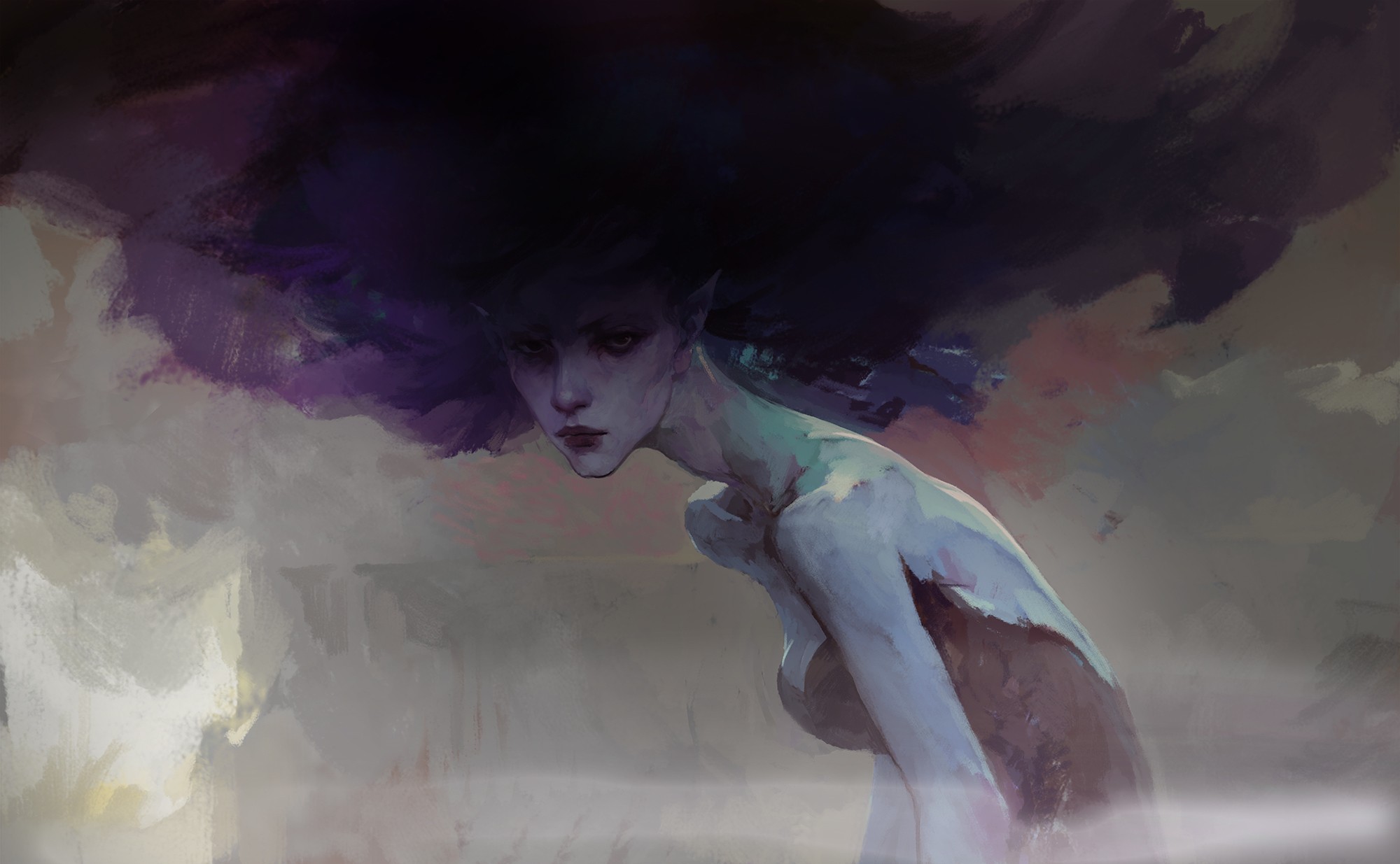 Artwork of a woman with dark hair HD Wallpaper