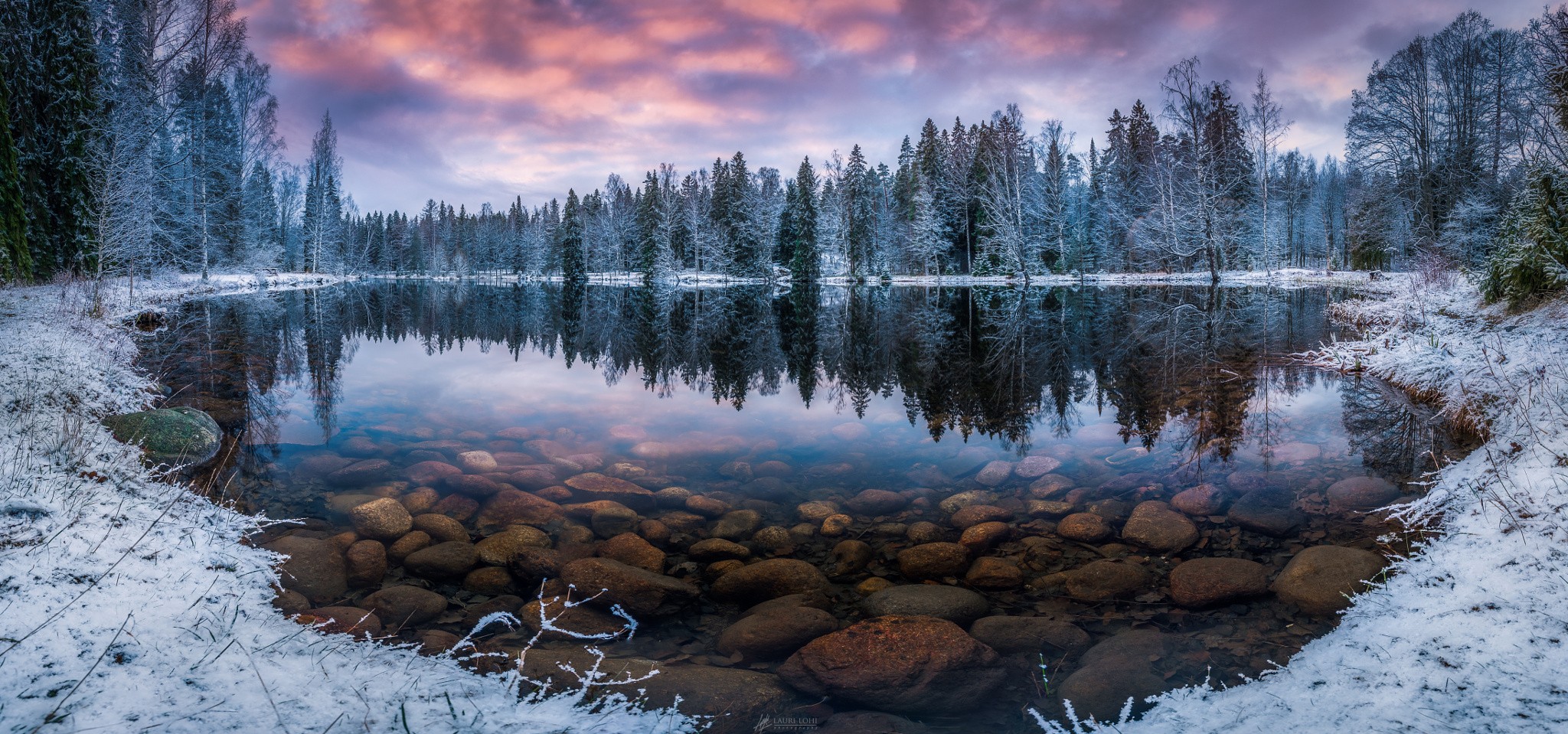 Winter lake with snow-covered trees and colorful sky HD Wallpaper
