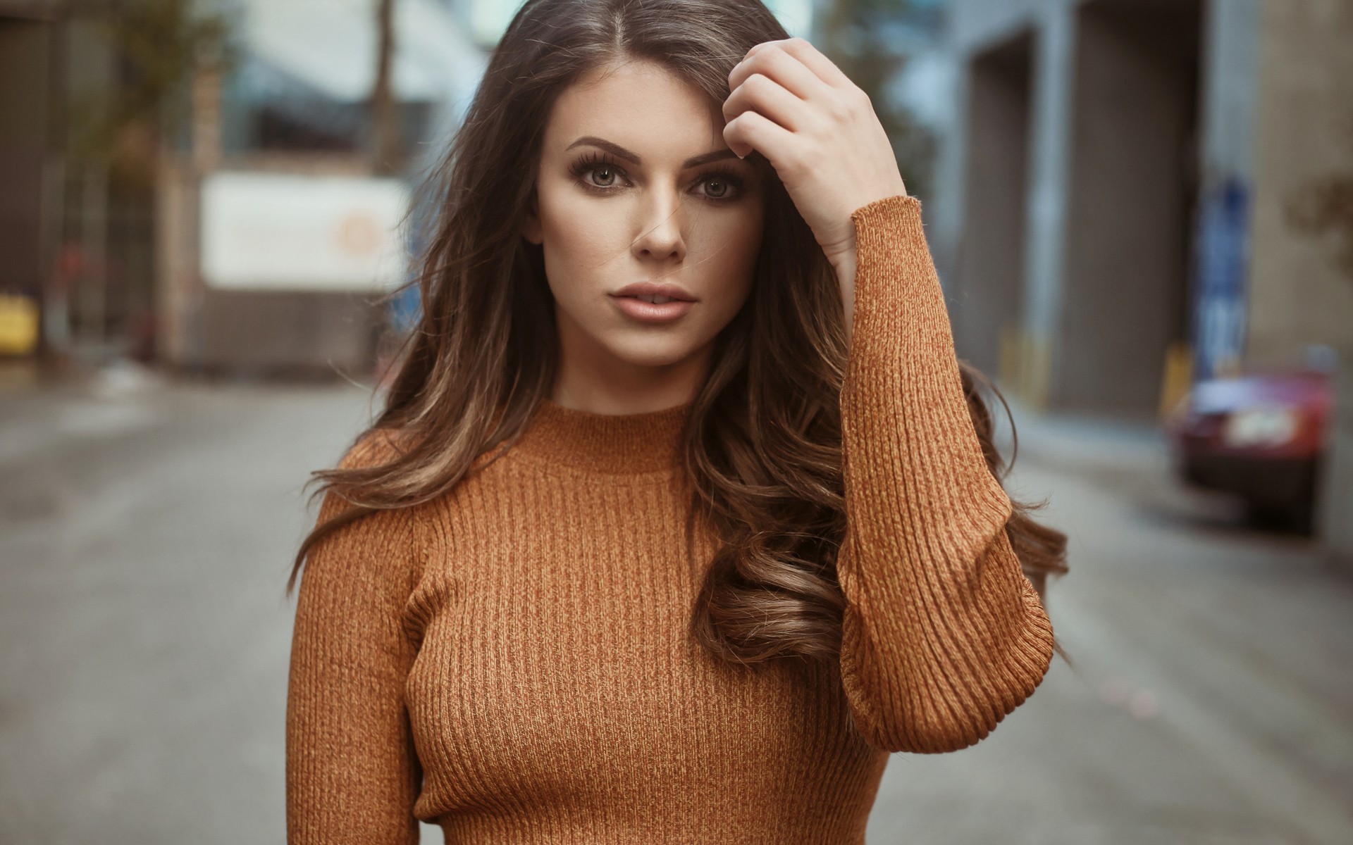 street, long hair, hands in hair, sweater, brown eyes, open mouth, women outdoors, model, urban, depth of field, looking at viewer, Corin Clark, Jason Harynuk, brunette, women, face HD Wallpaper
