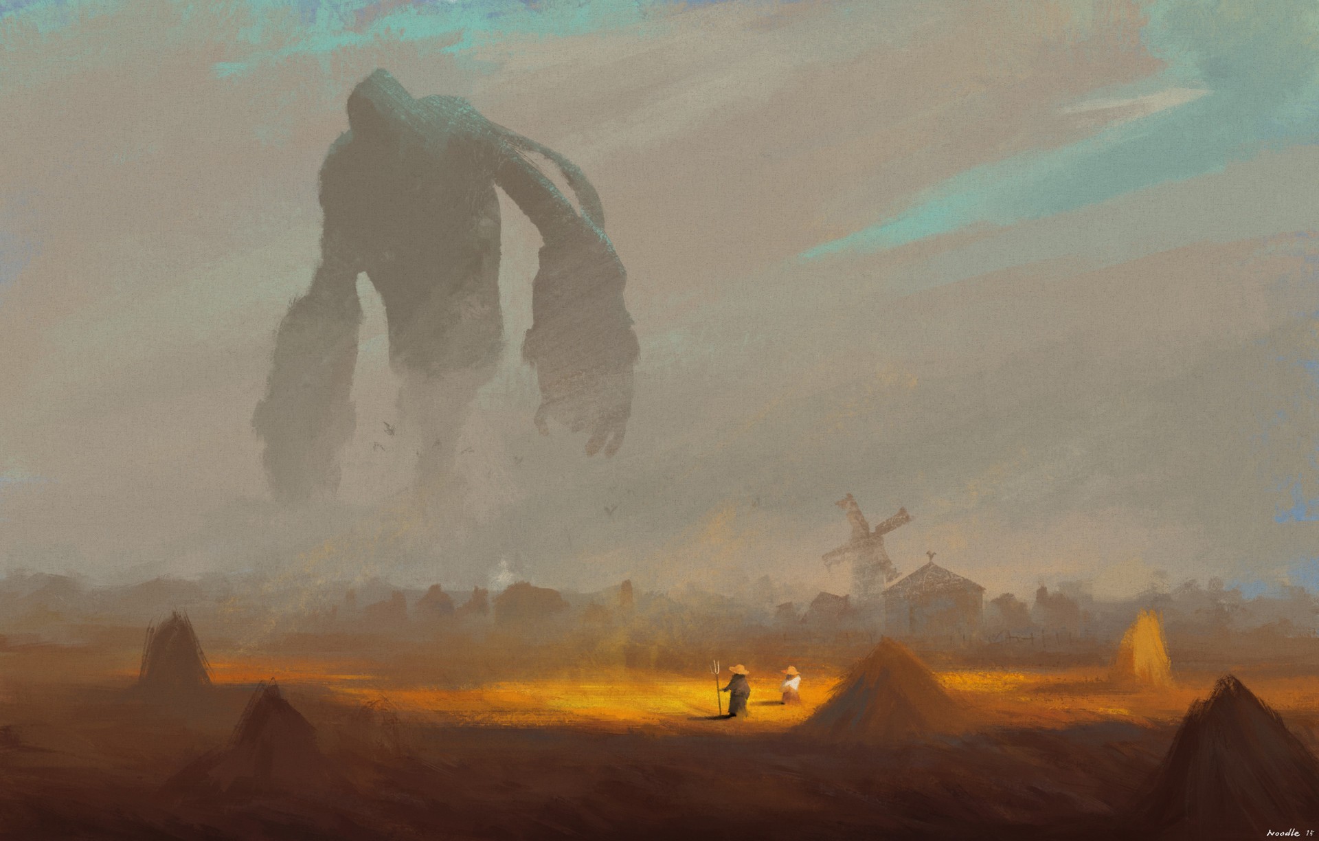 Giant figure looms over a rural landscape with a windmill HD Wallpaper