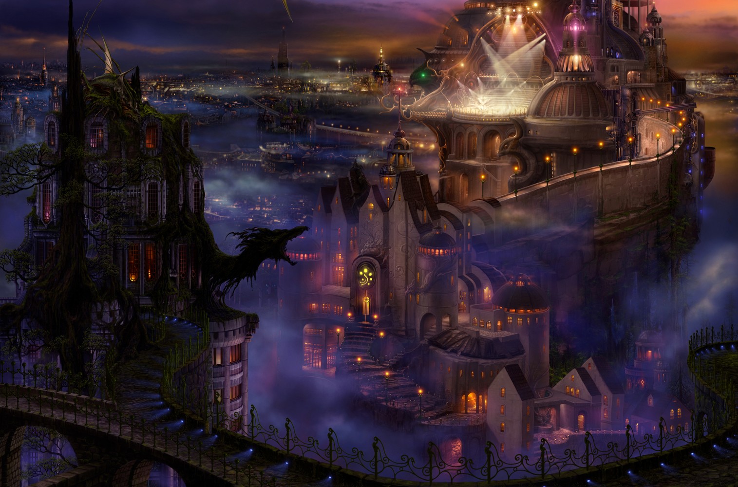 Fantasy city with a dragon sculpture by Kazumasa Uchio HD Wallpaper